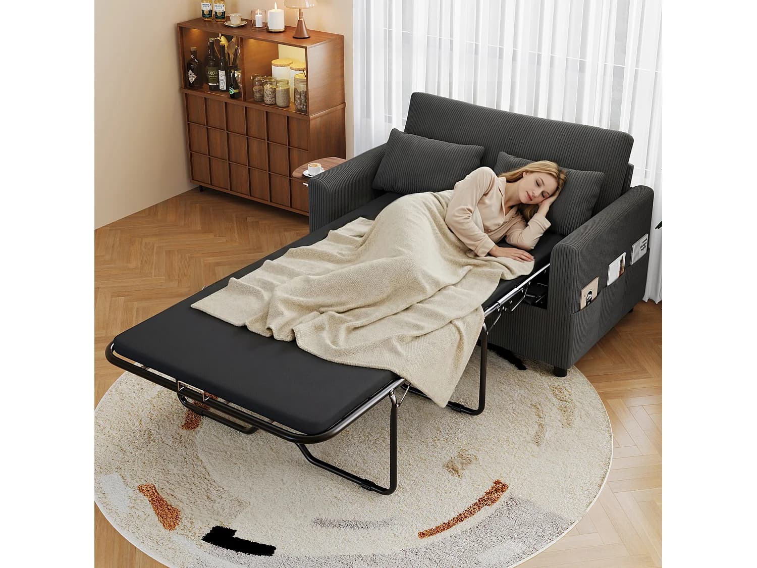 Canapé convertible extensible - 134 x 82 x 84 cm - avec USB + table pliante + matelas + 2 draps et 2 oreillers - velours - gris