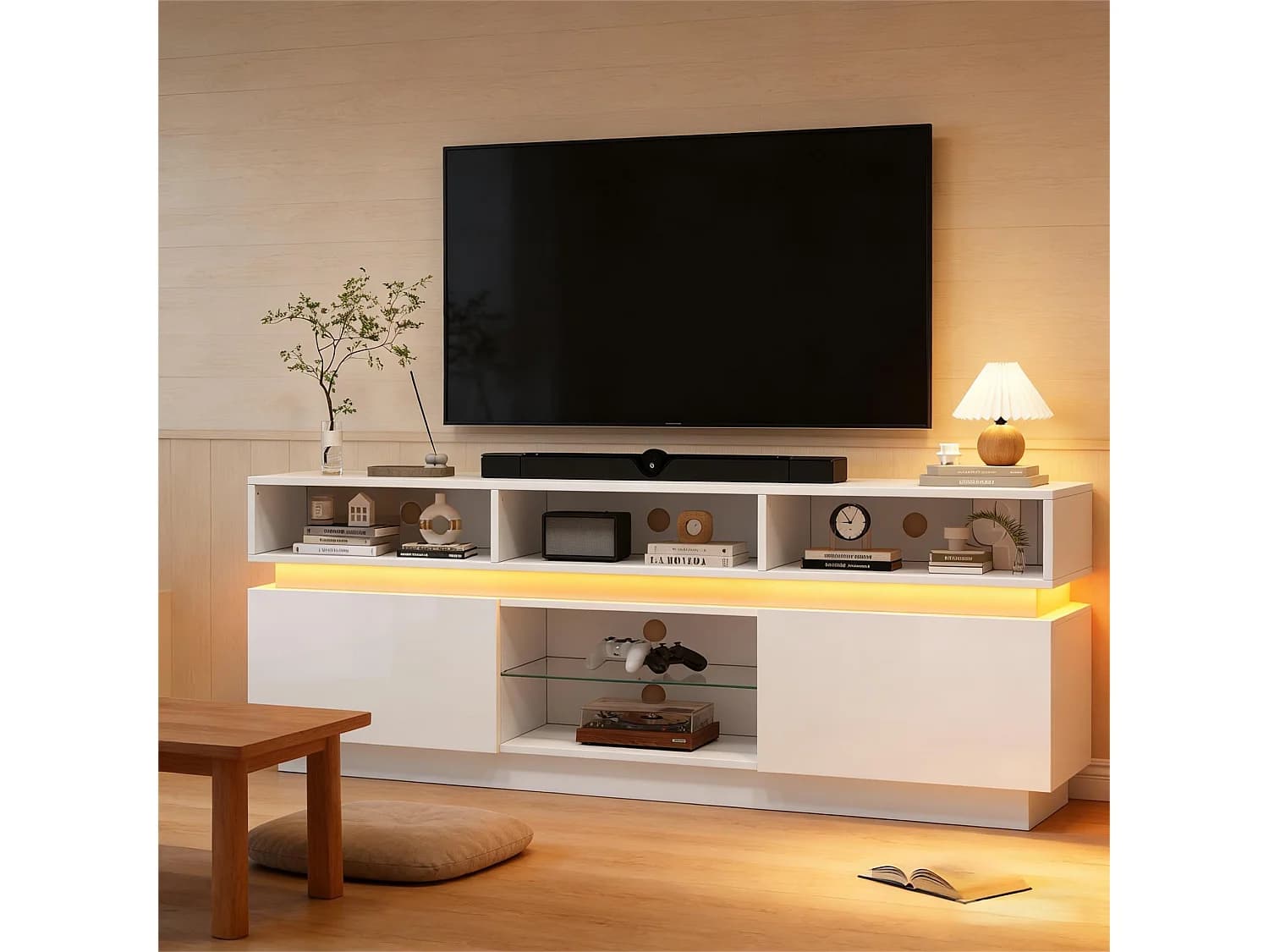 Meuble TV laqué brillant pour salon - 160 x 35 x 60 cm - avec étagère en verre trempé + Leds + portes - MDF - blanc