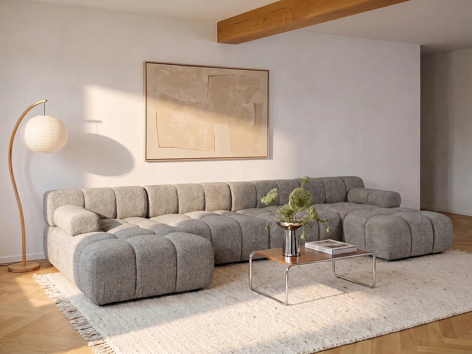 Canapé d'angle panoramique modulable en tissu chiné taupe FACIVIL