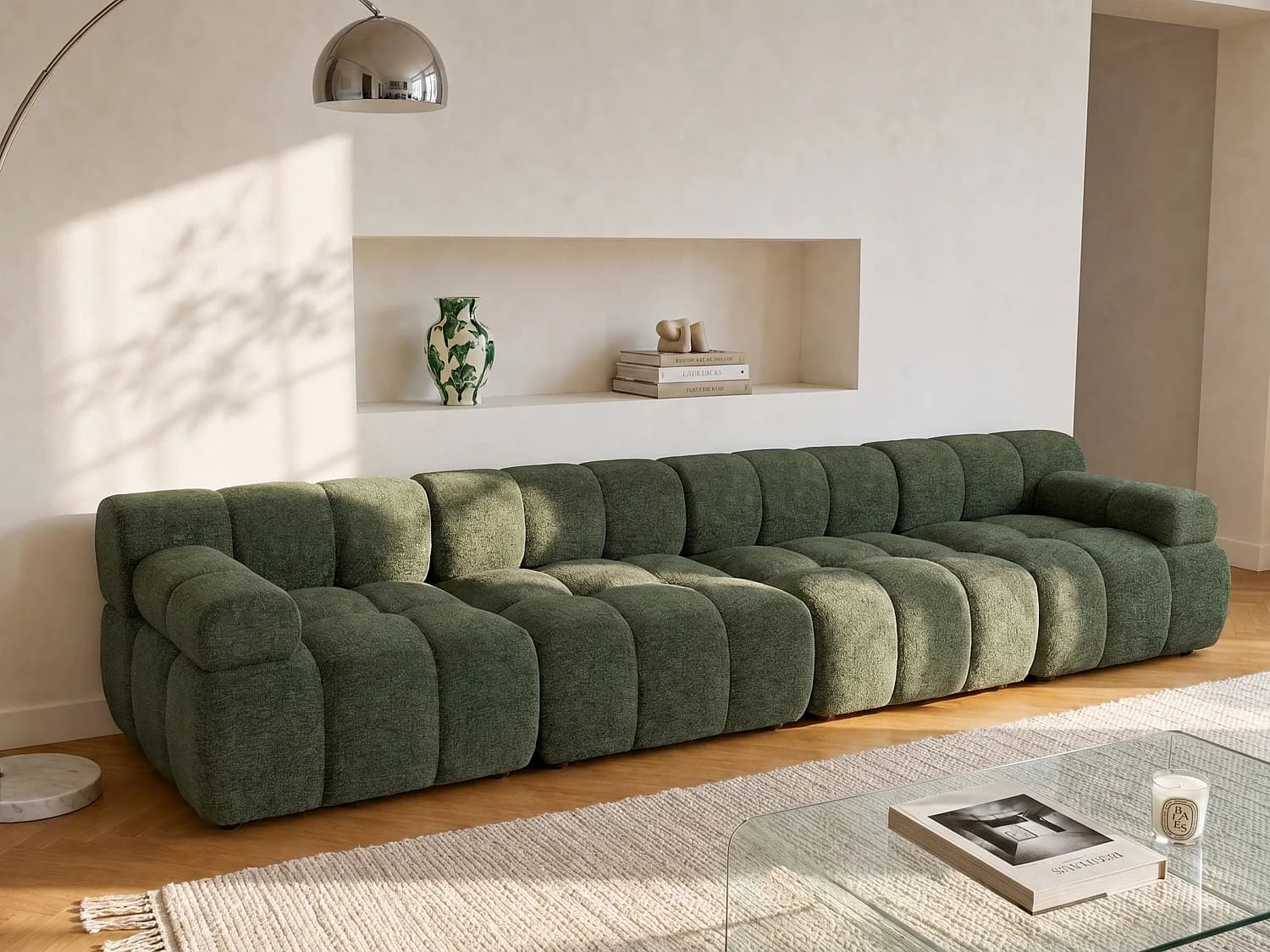 Canapé modulable 5 places en tissu chiné vert FACIVIL