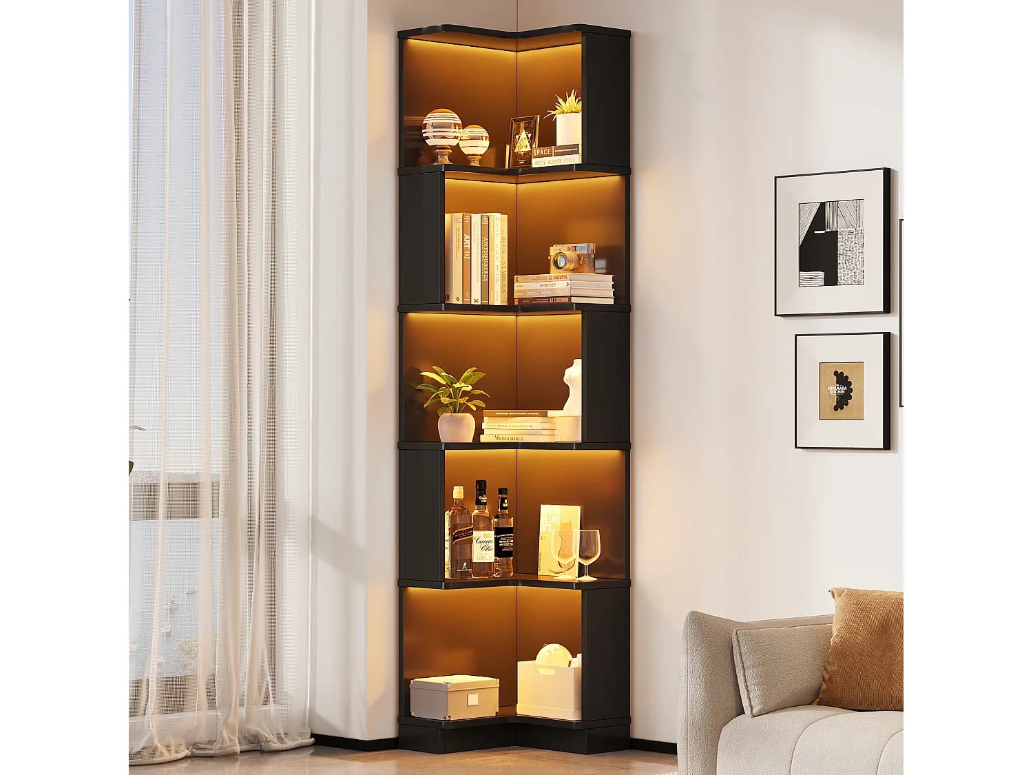 Bibliothèque d'angle 63.5x45x175 cm - Forme en L - Éclairage LED - 5 niveaux de rangement - MDF - Noir