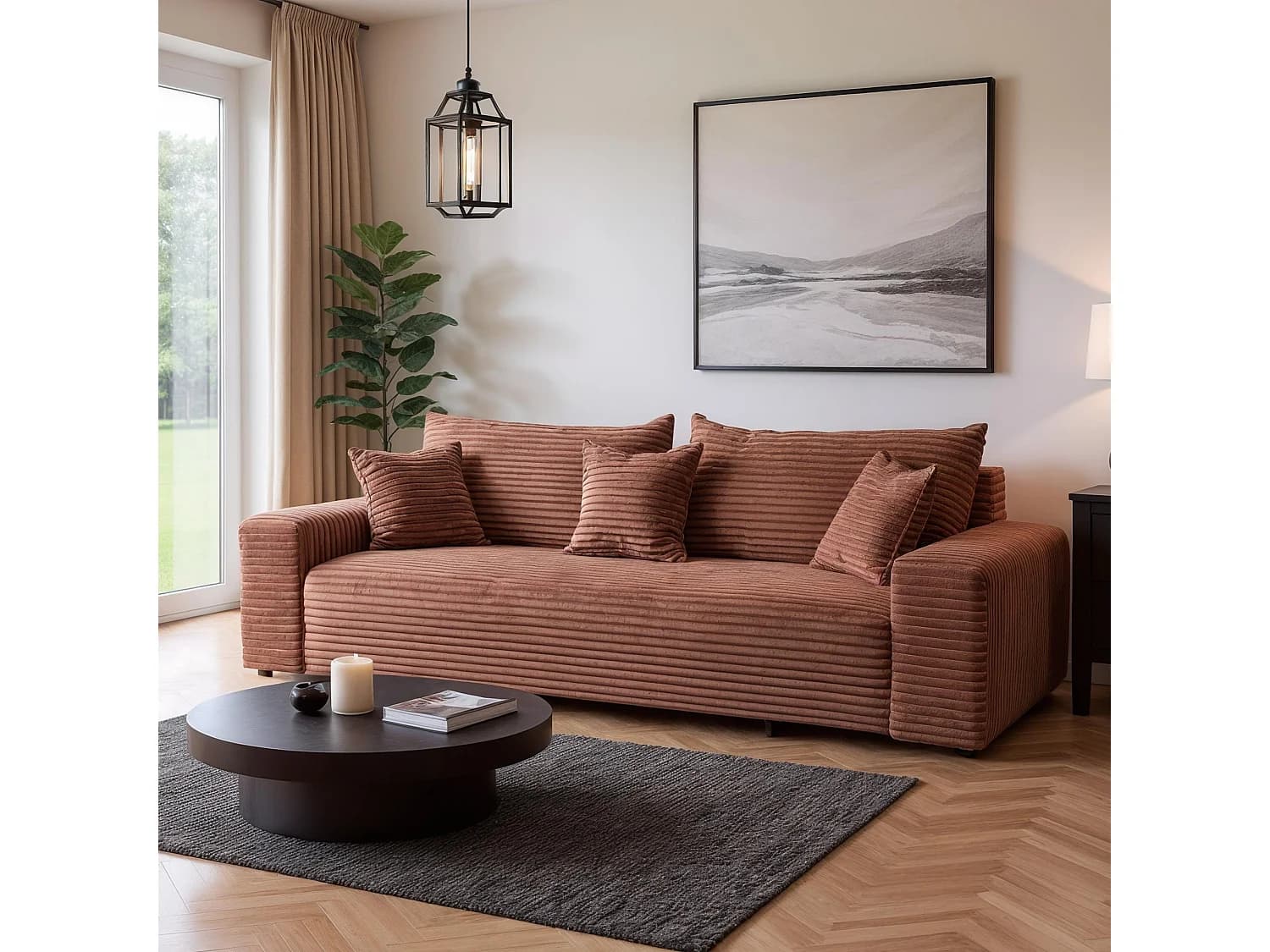 Canapé convertible avec coffre en velours côtelé rouge brique 265 cm - CORDO