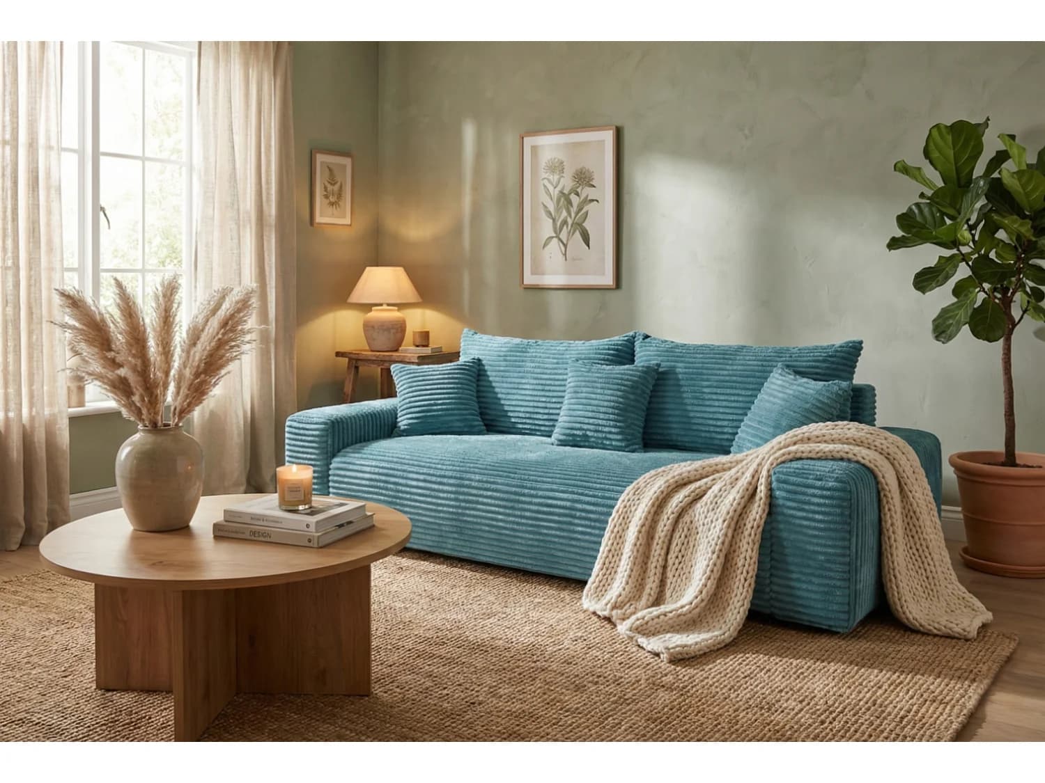 Canapé convertible avec coffre en velours côtelé bleu 265 cm - CORDO
