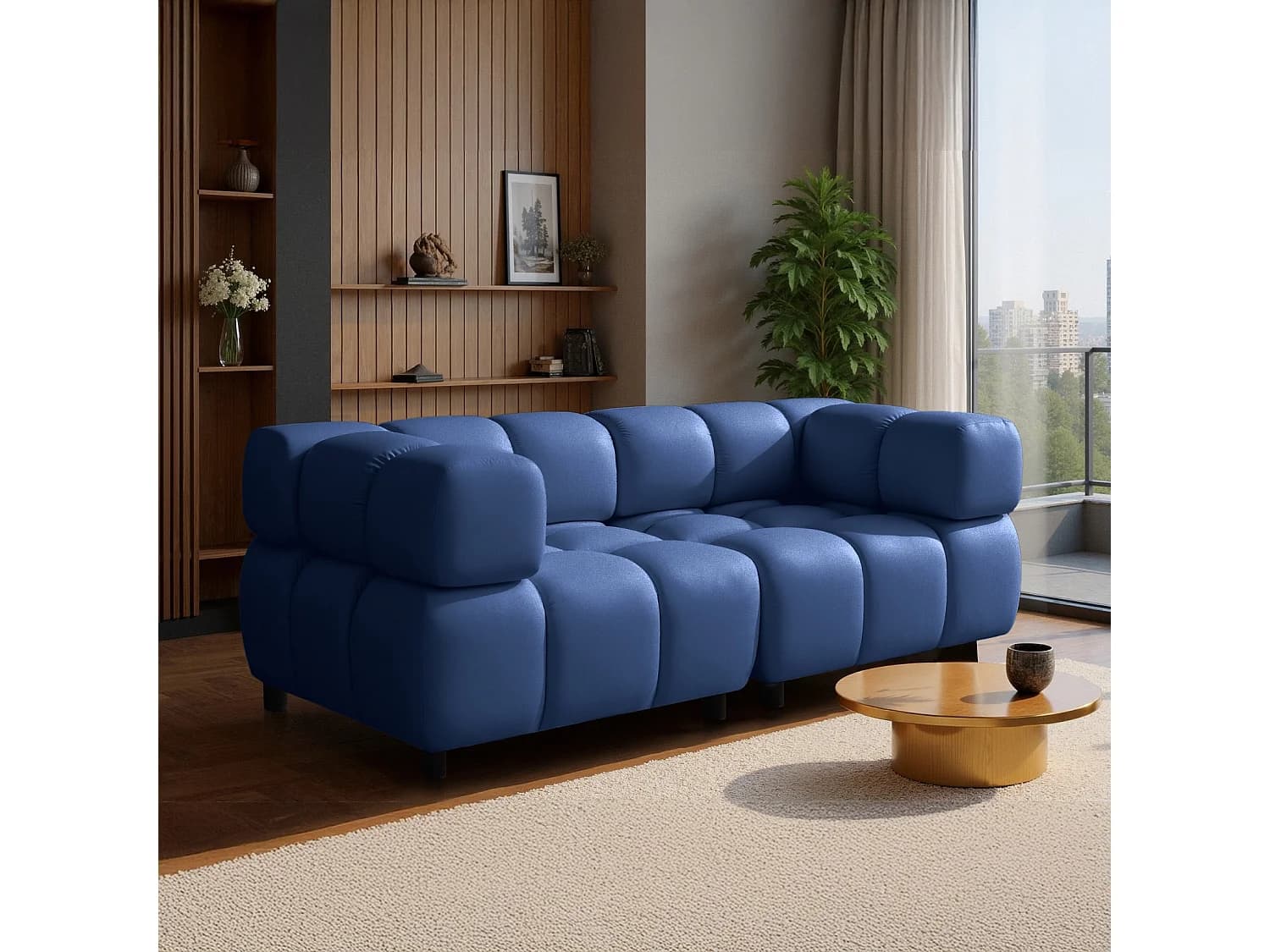 Canapé 3 places capitonné en velours bleu nuit 192 cm - TONDO