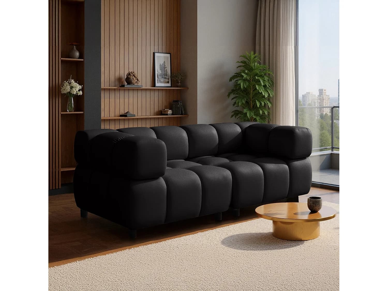 Canapé 3 places capitonné en velours noir 192 cm - TONDO