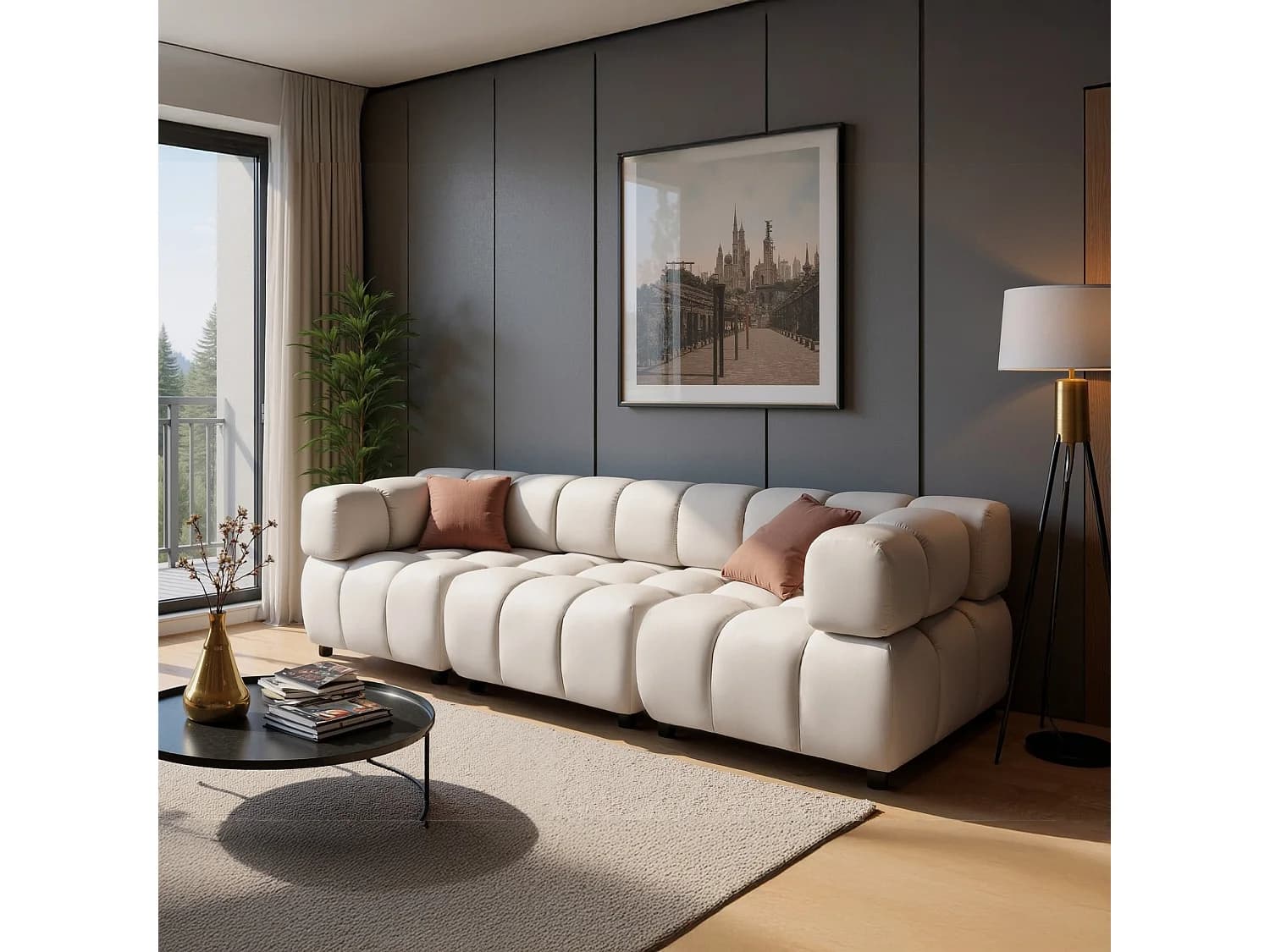 Canapé 4 places capitonné en velours beige 288 cm - TONDO