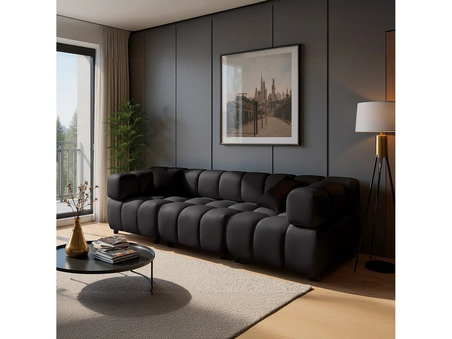 Canapé 4 places capitonné en velours noir 288 cm - TONDO