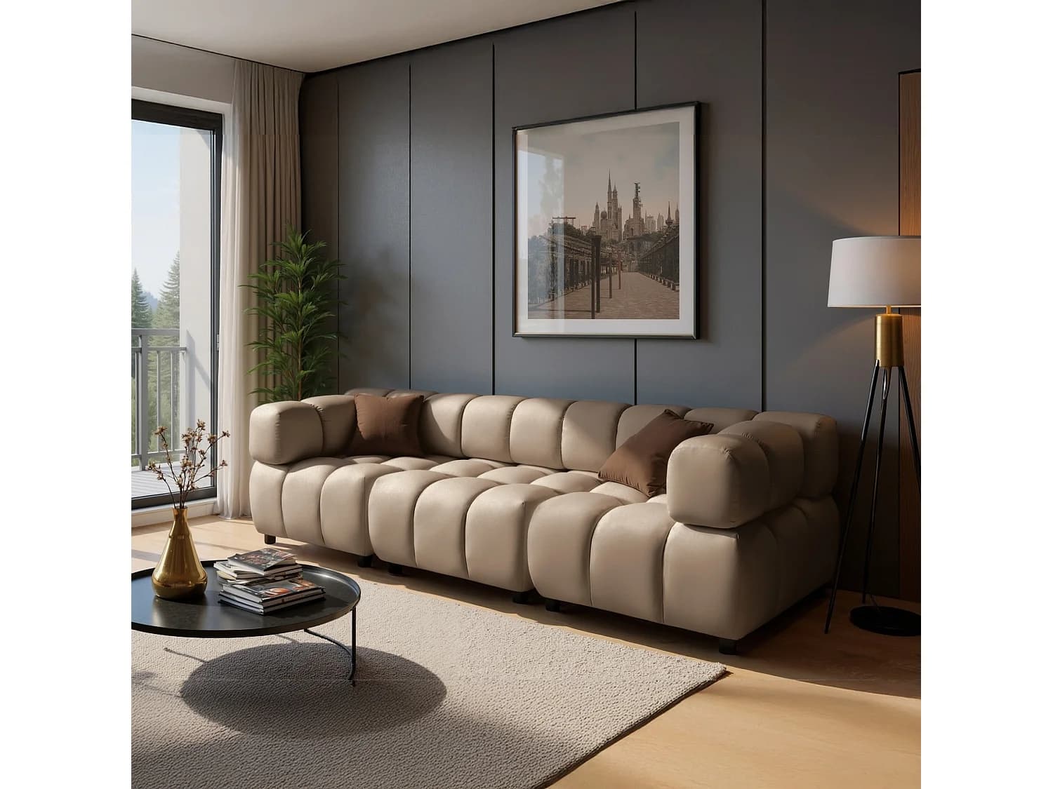 Canapé 4 places capitonné en velours taupe 288 cm - TONDO