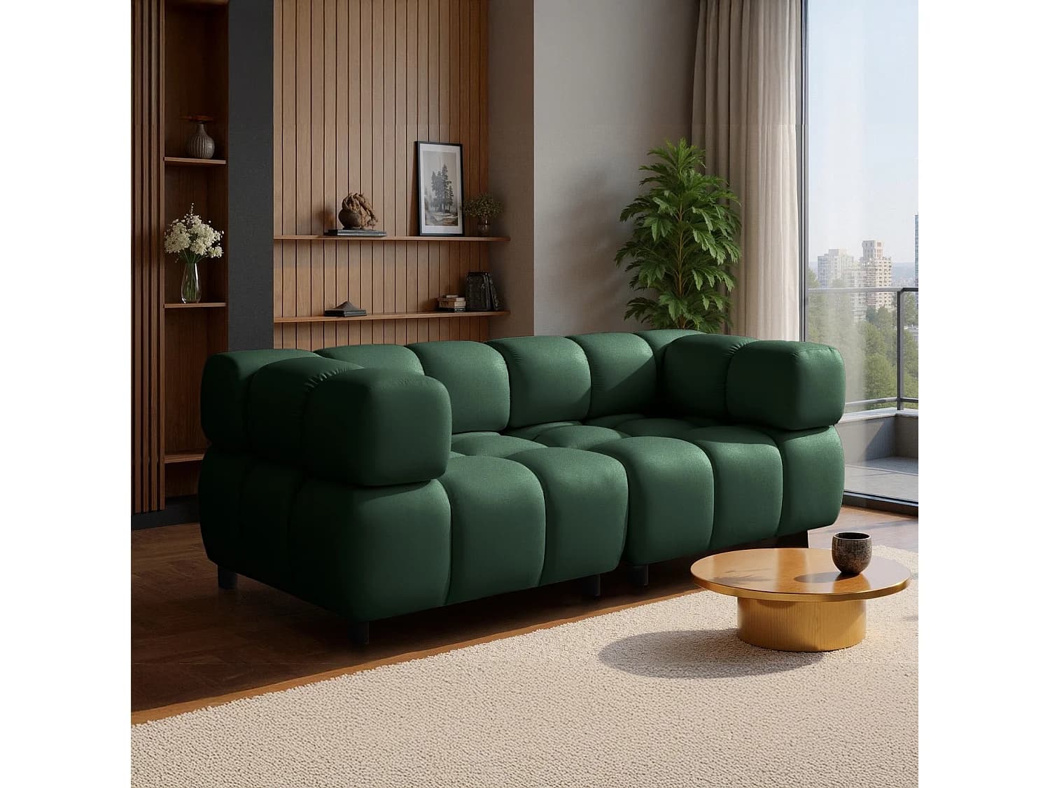 Canapé 3 places capitonné en velours vert 192 cm - TONDO