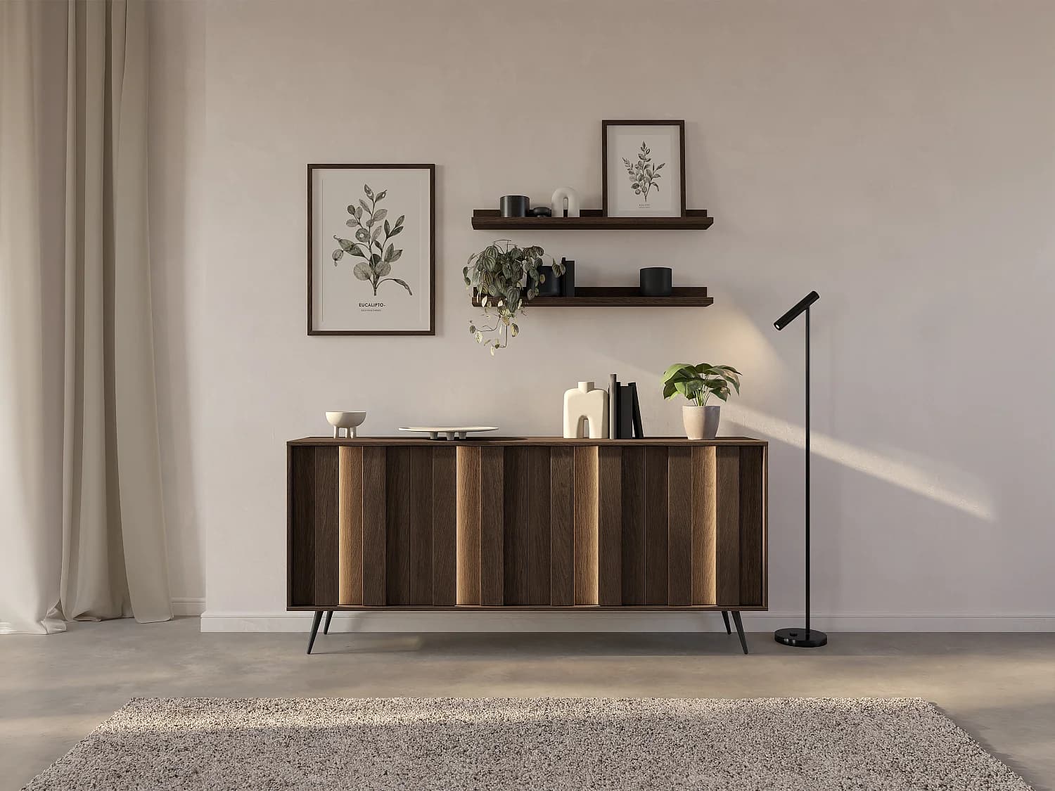 Buffet 4 portes avec LEDs en MDF - Naturel foncé et Noir - KALSIYA