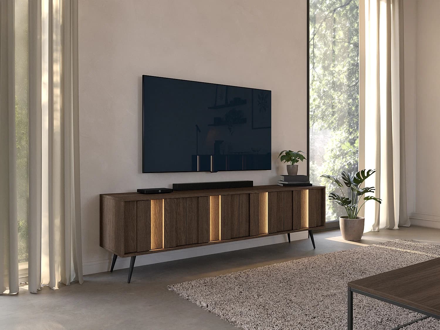 Meuble TV 4 portes avec LEDs en MDF - Naturel foncé et Noir - KALSIYA