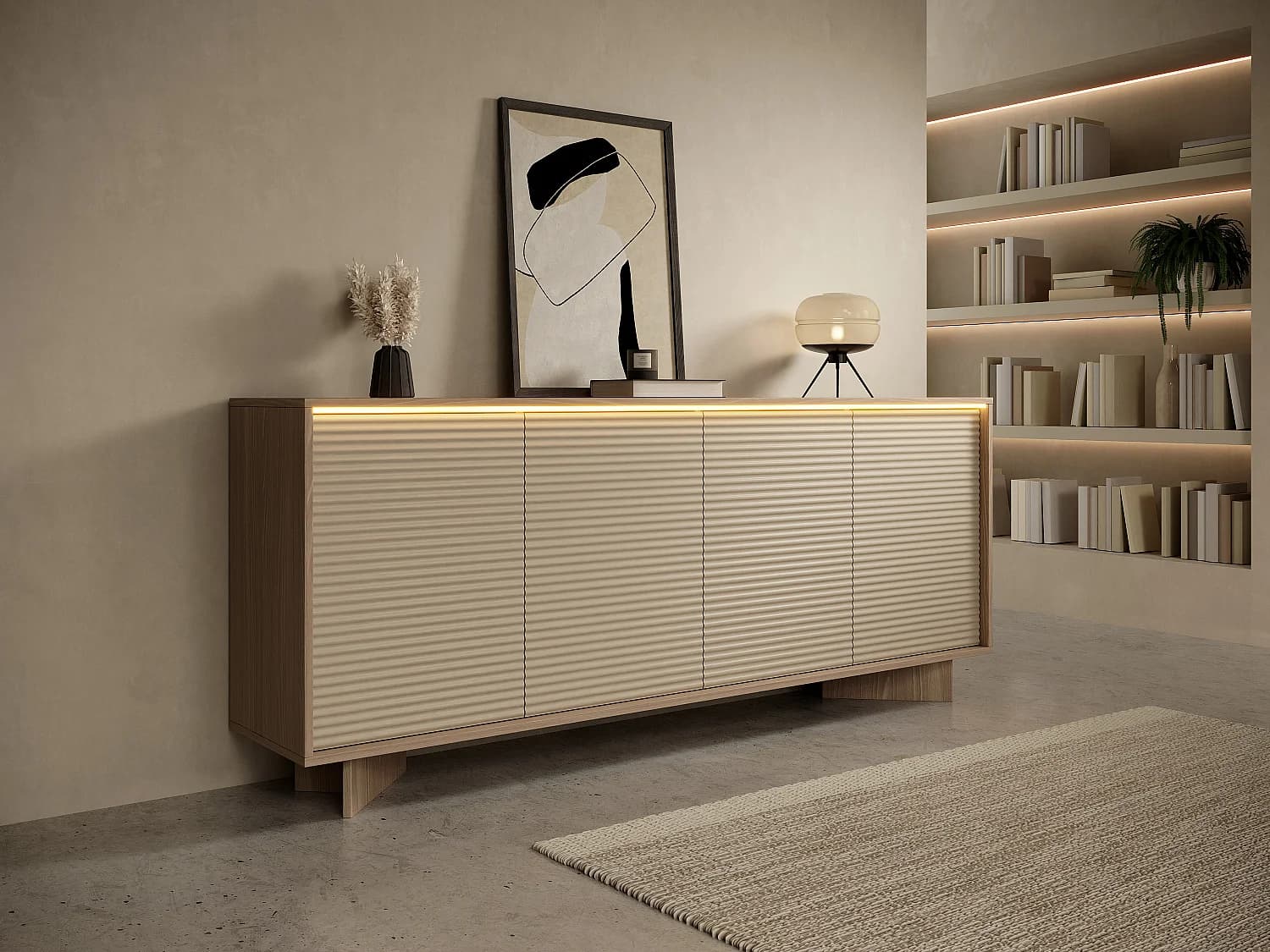 Buffet 4 portes avec LEDs en MDF - Beige et Naturel clair - MAYRONA
