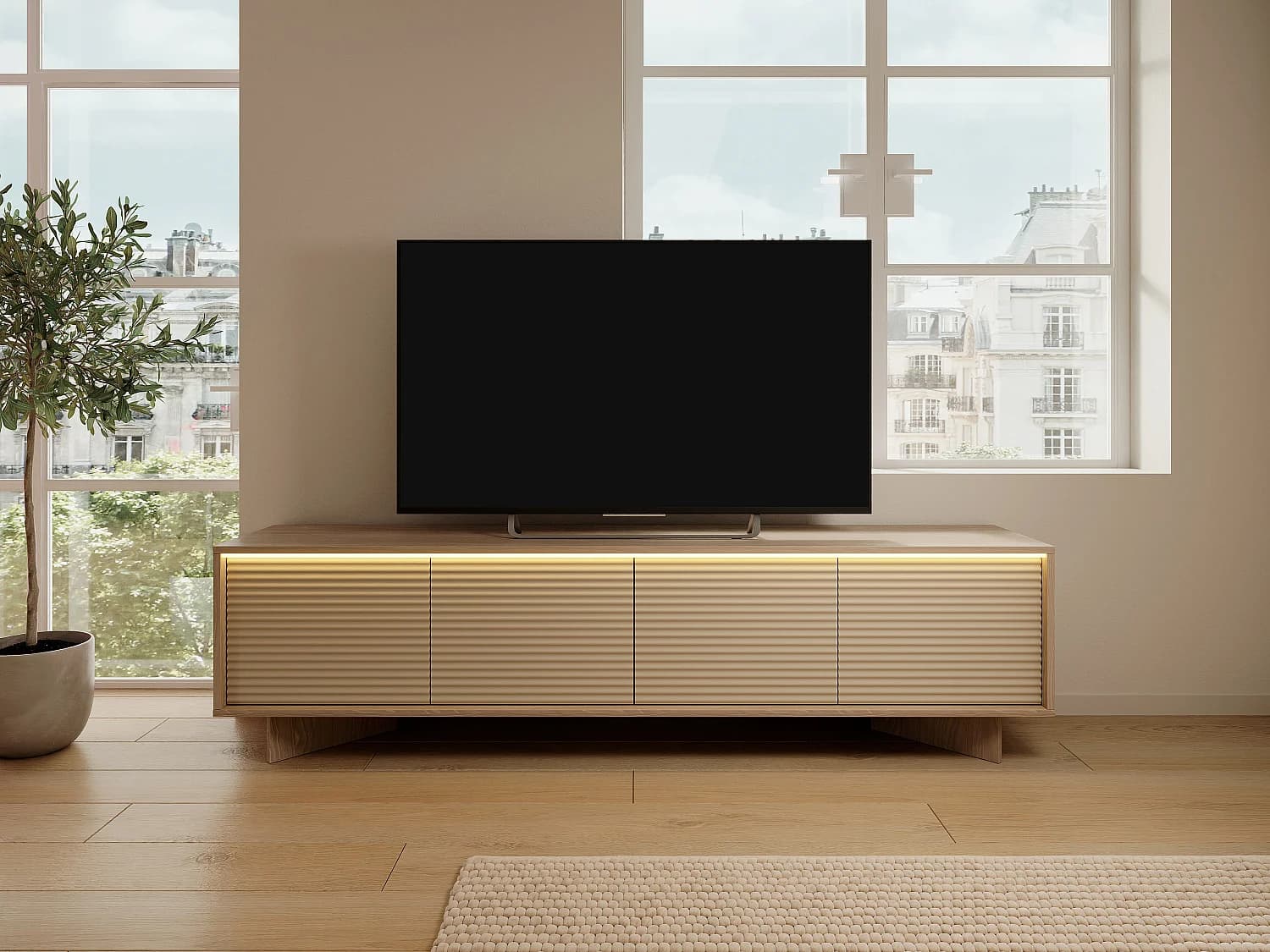 Meuble TV 4 portes avec LEDs en MDF - Beige et Naturel clair - MAYRONA