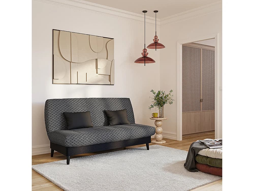 Banquette convertible Elios clic clac, couchage 130 x 190 avec rangement intégré + 2 coussins OFFERTS, Géometrik noir