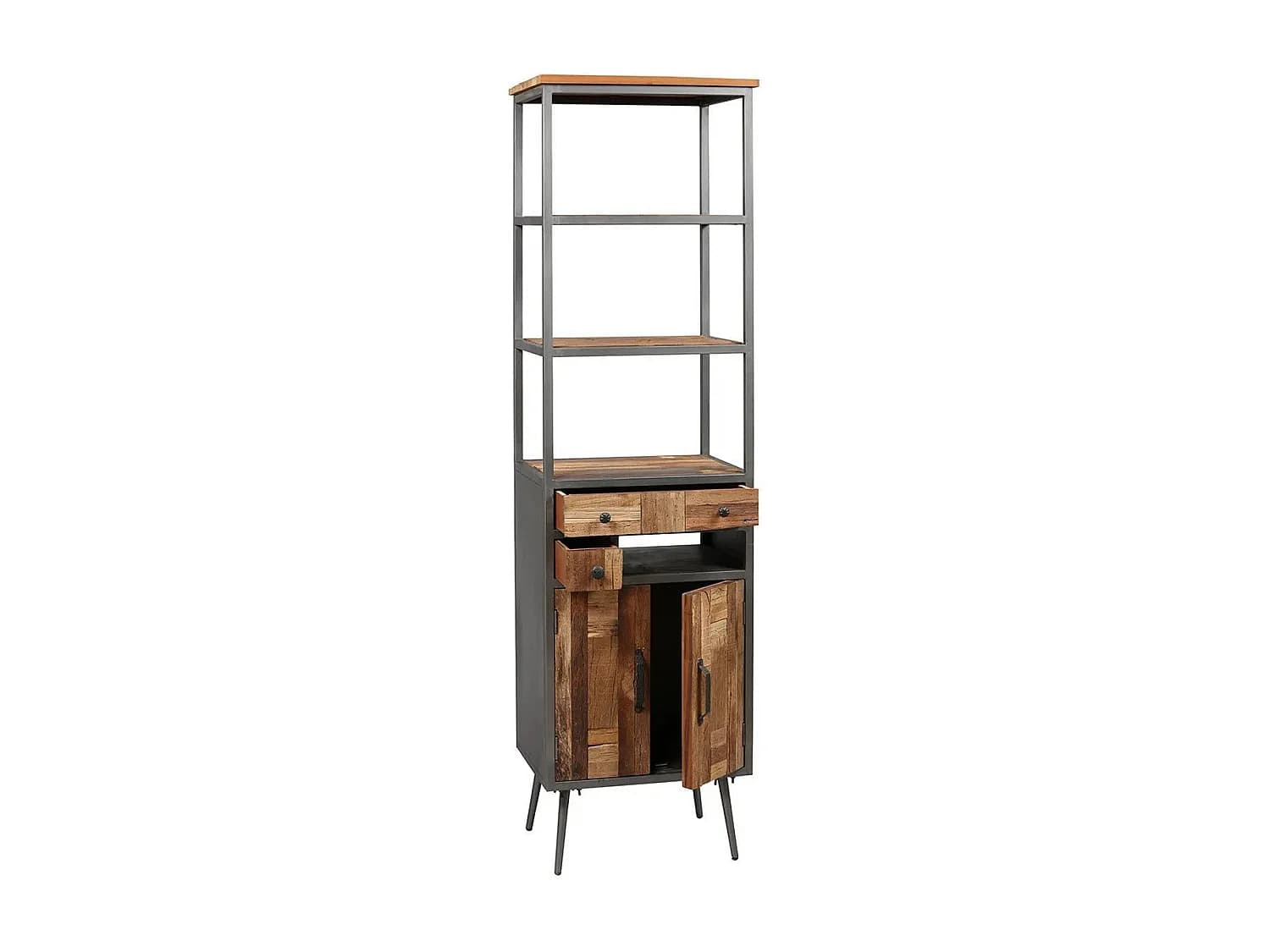 Meuble de Rangement 2 Portes 2 Tiroirs Acier et Bois Massif - LEONARD