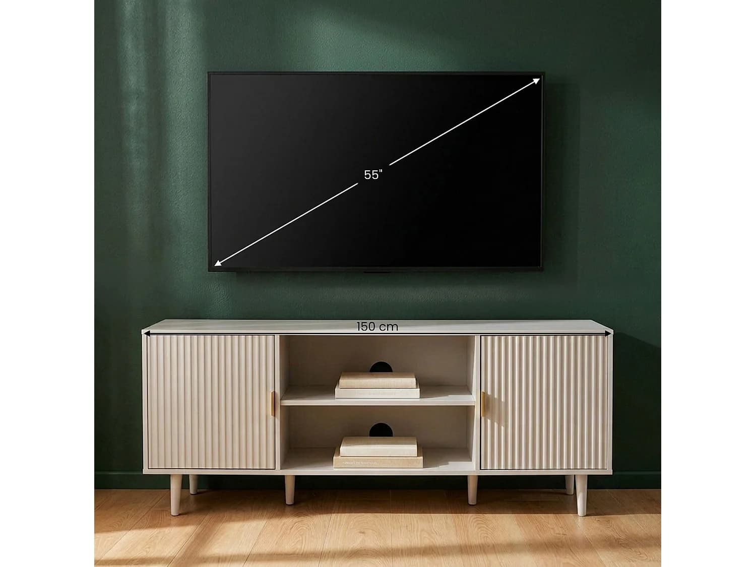 Meuble TV ZELDA L 147 cm avec 2 Portes et 2 Niches en Bois Blanc Cachemire Style Strié, Pour Téléviseurs jusqu'à 65"