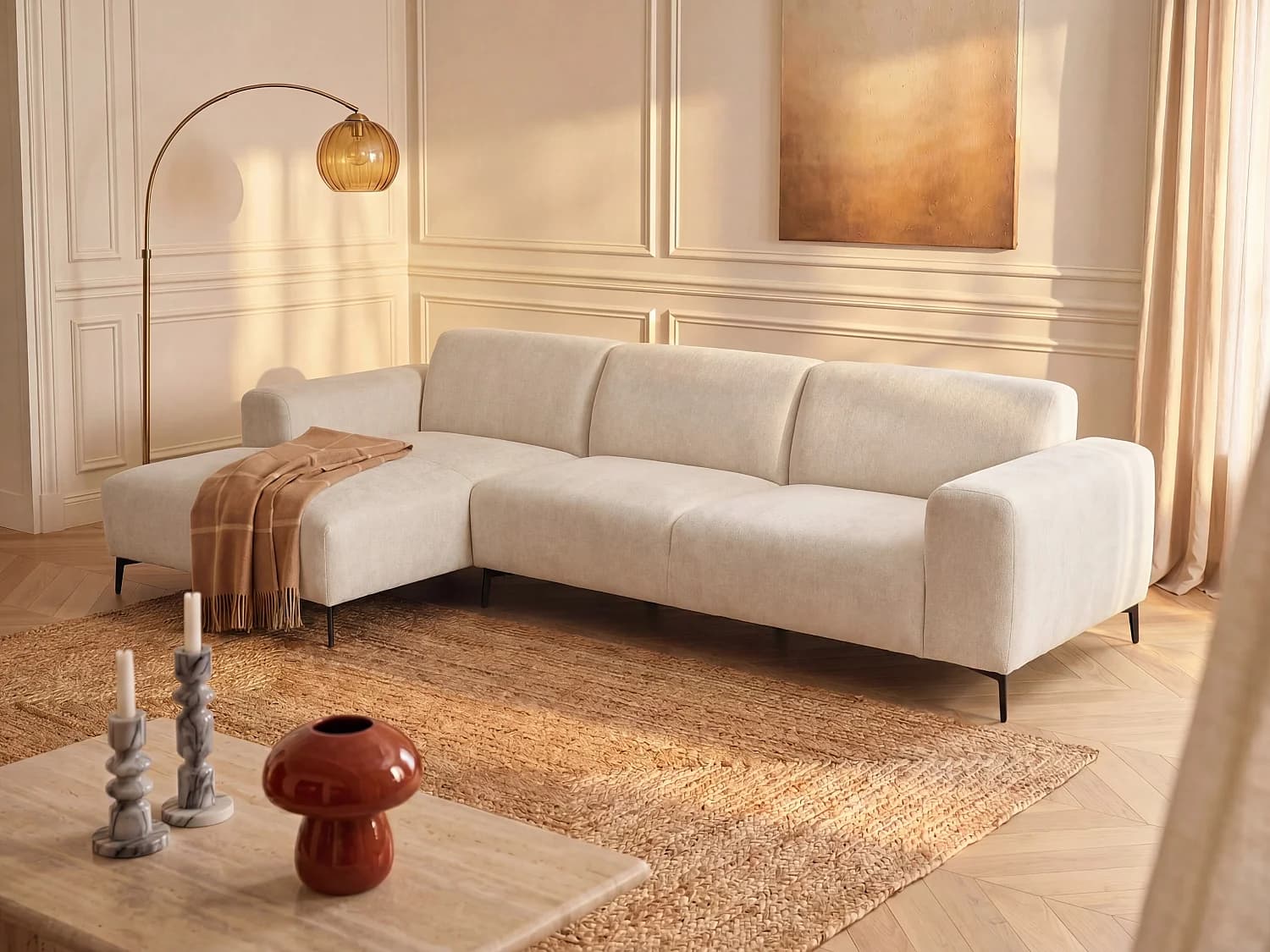 Canapé d'angle gauche en tissu texturé beige SAPIGO