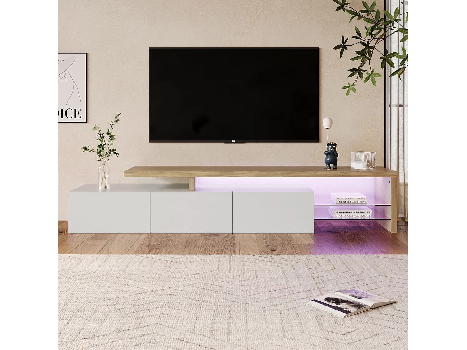Armoire TV moderne - 200 x 39 x 42 cm - avec 3 armoires et étagères en verre - éclairage LED