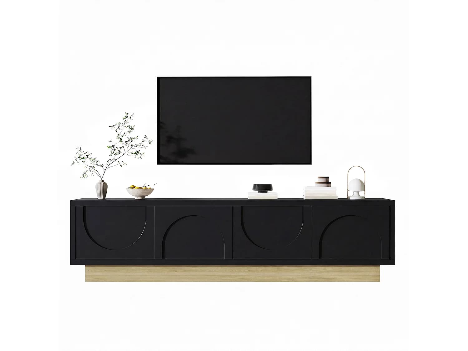 Meuble TV moderne avec finition imitation bois - 175 x 40 x 41.5 cm - avec 4 portes - MDF - noir