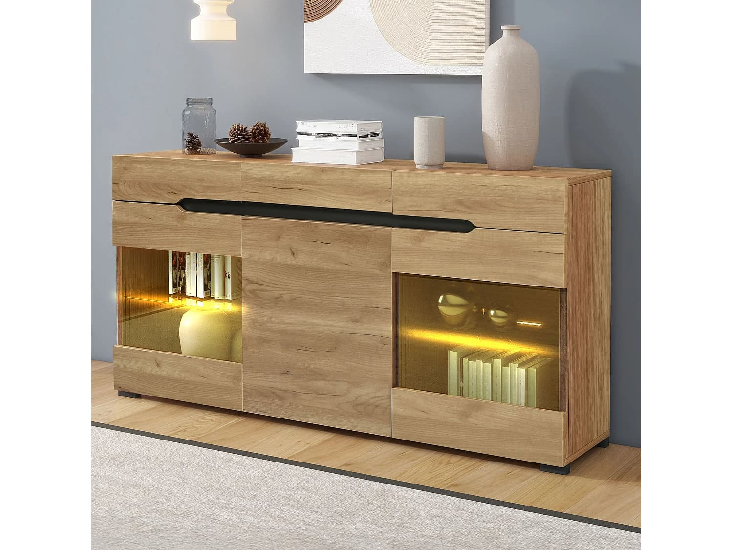 Buffet LED 140x35x80 cm avec 3 portes et 3 tiroirs - Naturel clair