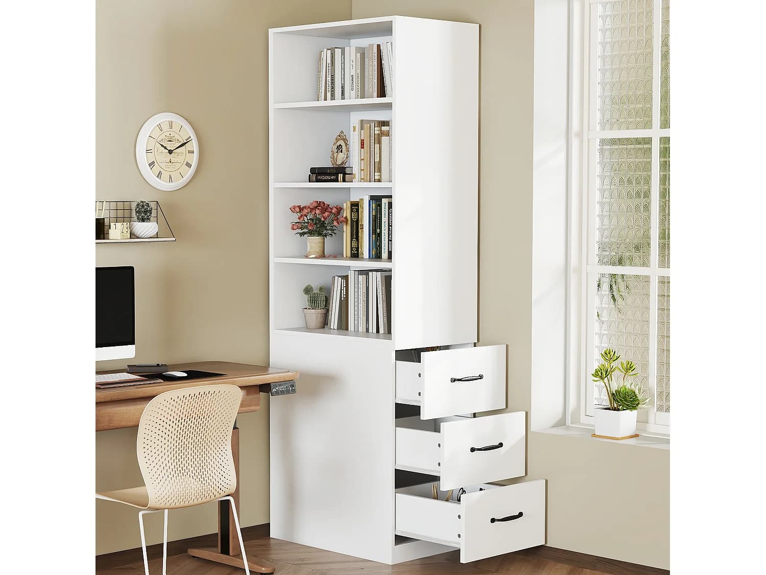 Bibliothèque avec 3 tiroirs latéraux et étagères - Blanc 60x38x180 cm