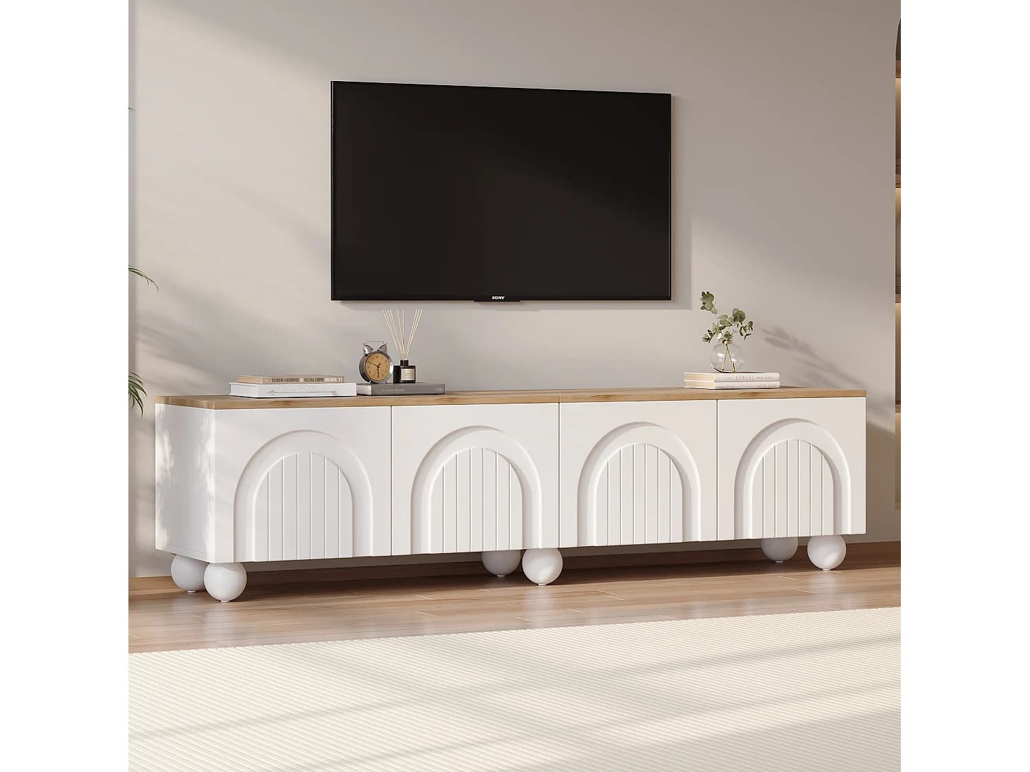 Meuble TV 180 x 40 x 45 cm avec 4 portes et pieds boule en métal - Couleur bois et blanc
