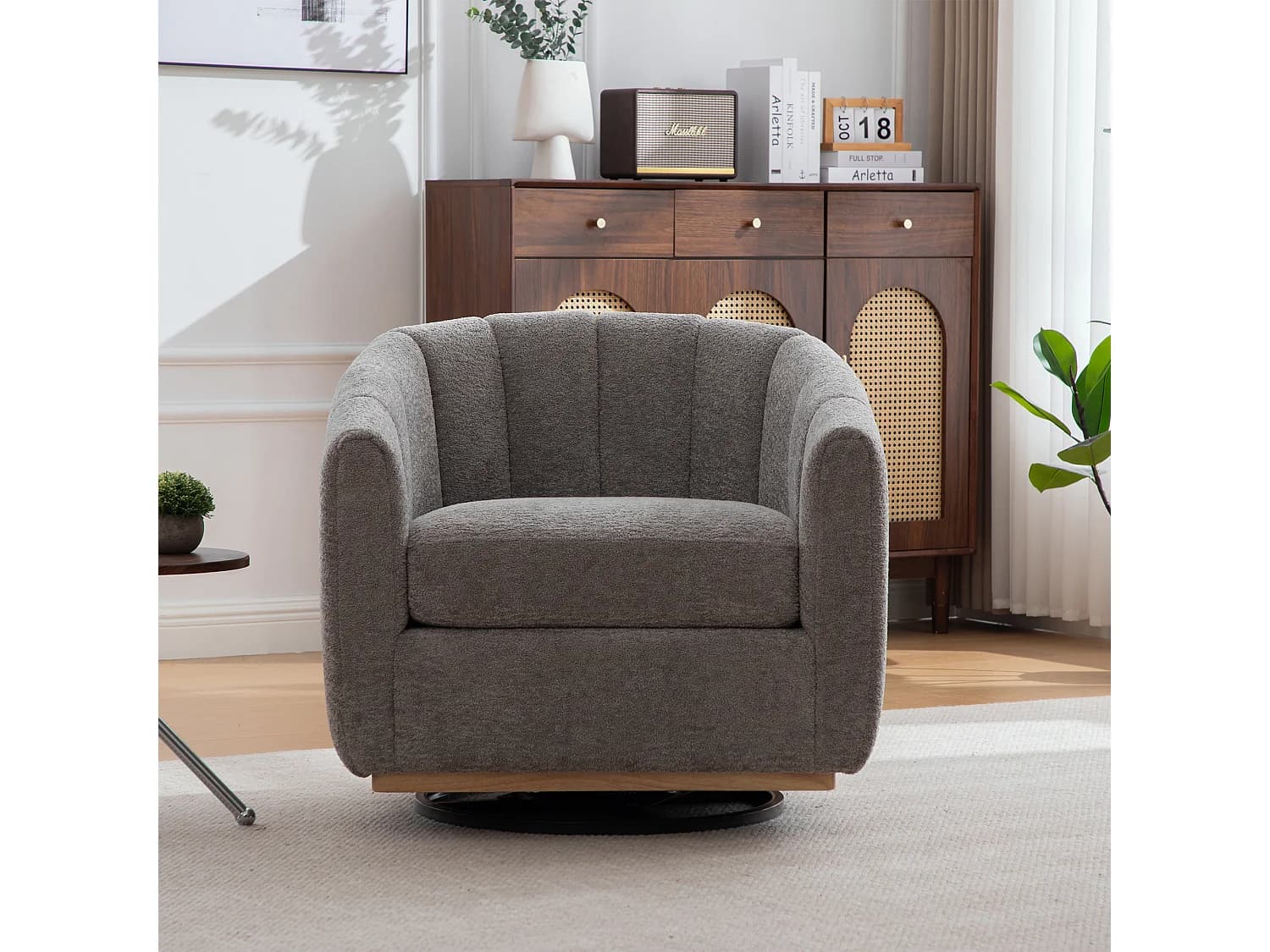 Fauteuil pivotant 360° en chenille gris avec base en métal - Forme de citrouille