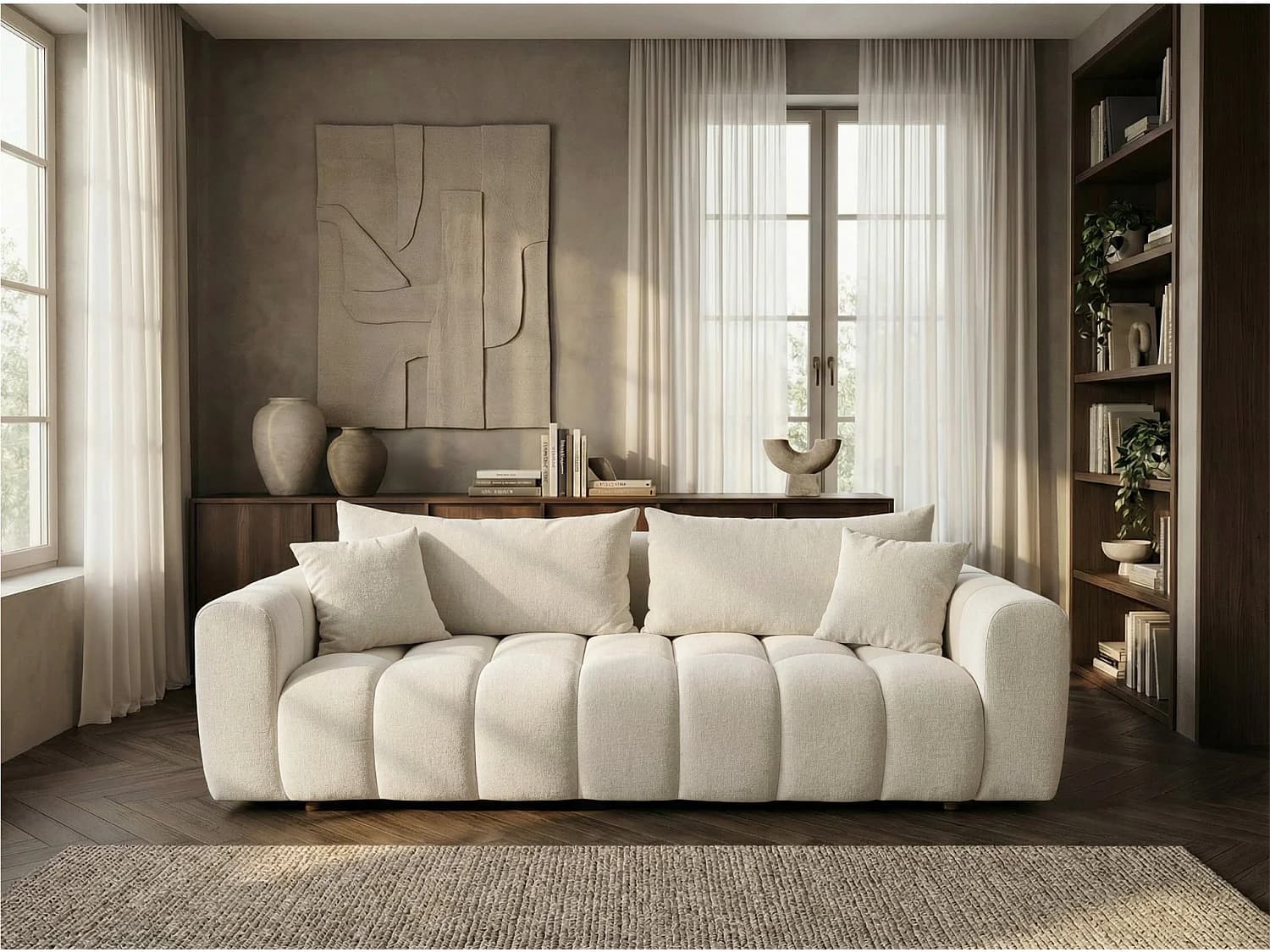 Canapé convertible en tissu bouclé blanc cassé 240 cm - COSMO LUXURY