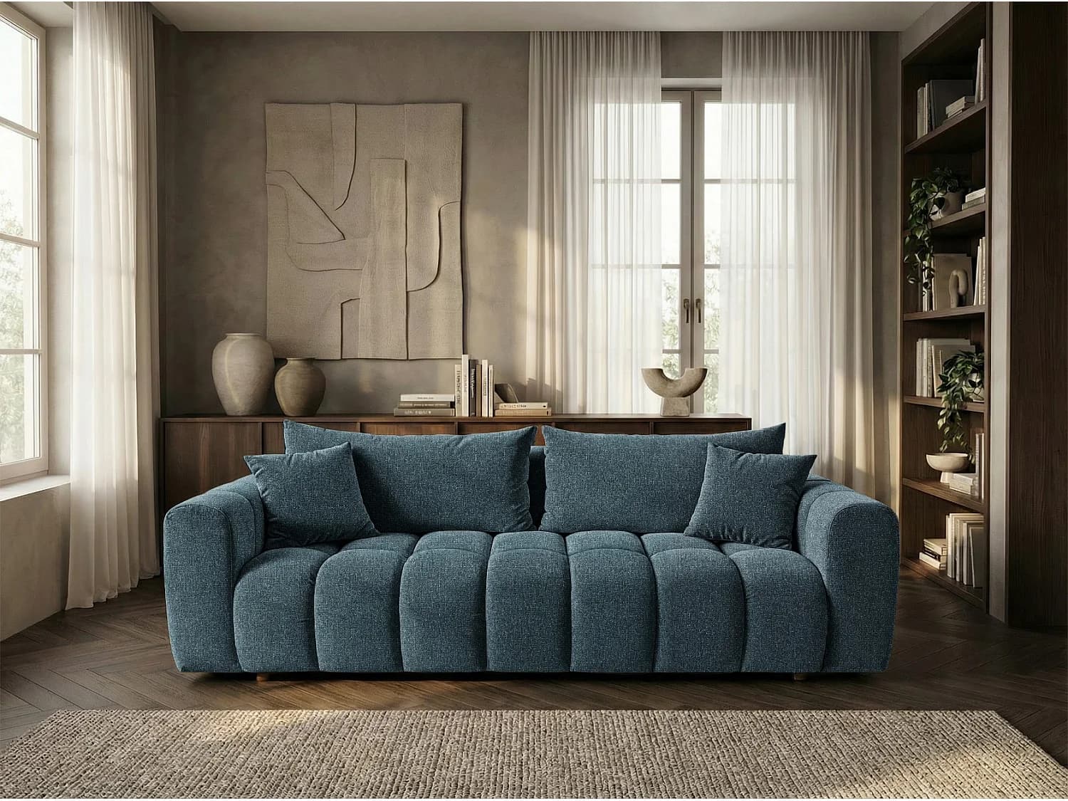 Canapé convertible en tissu bouclé bleu canard 240 cm - COSMO LUXURY
