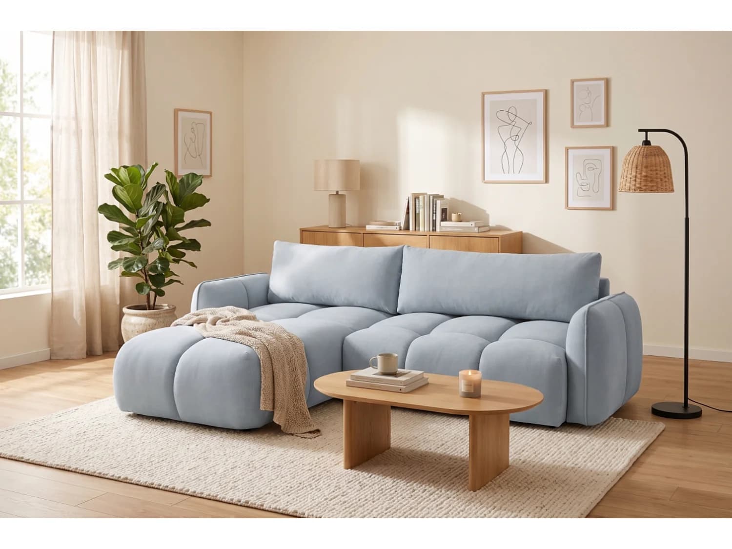 Canapé d'angle gauche convertible avec coffre en velours gris clair 250 cm - BELVEO