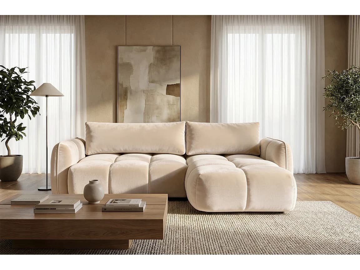 Canapé d'angle droit convertible avec coffre en velours beige 250 cm - BELVEO