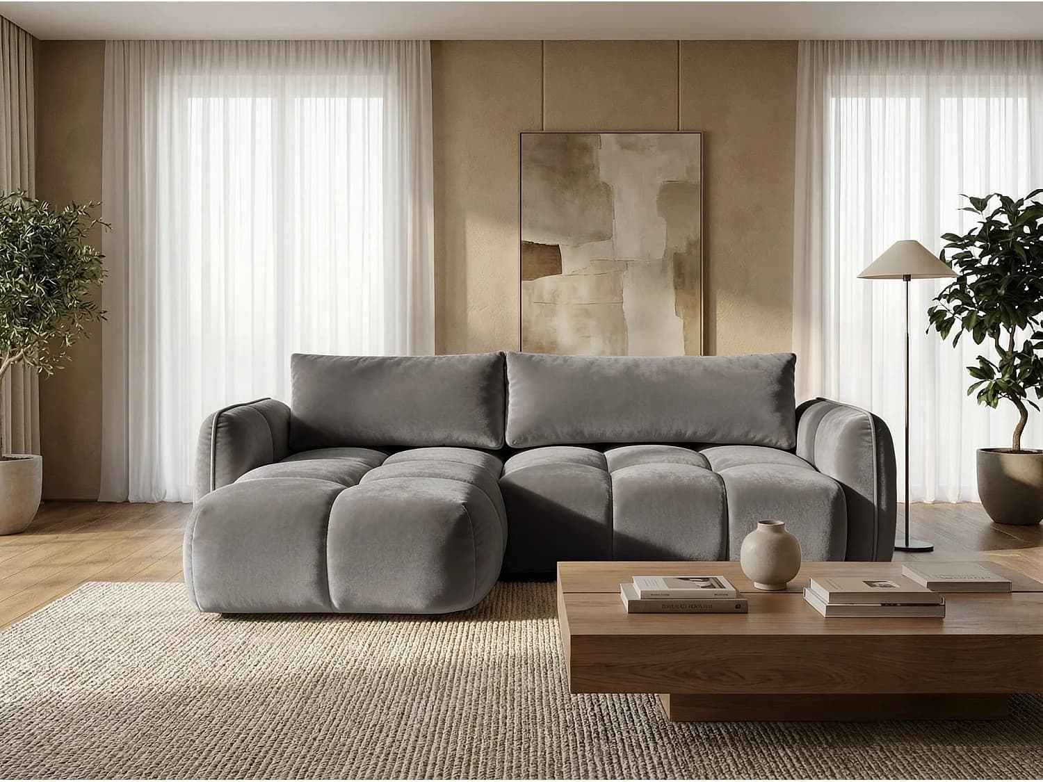 Canapé d'angle gauche convertible avec coffre en velours gris 250 cm - BELVEO