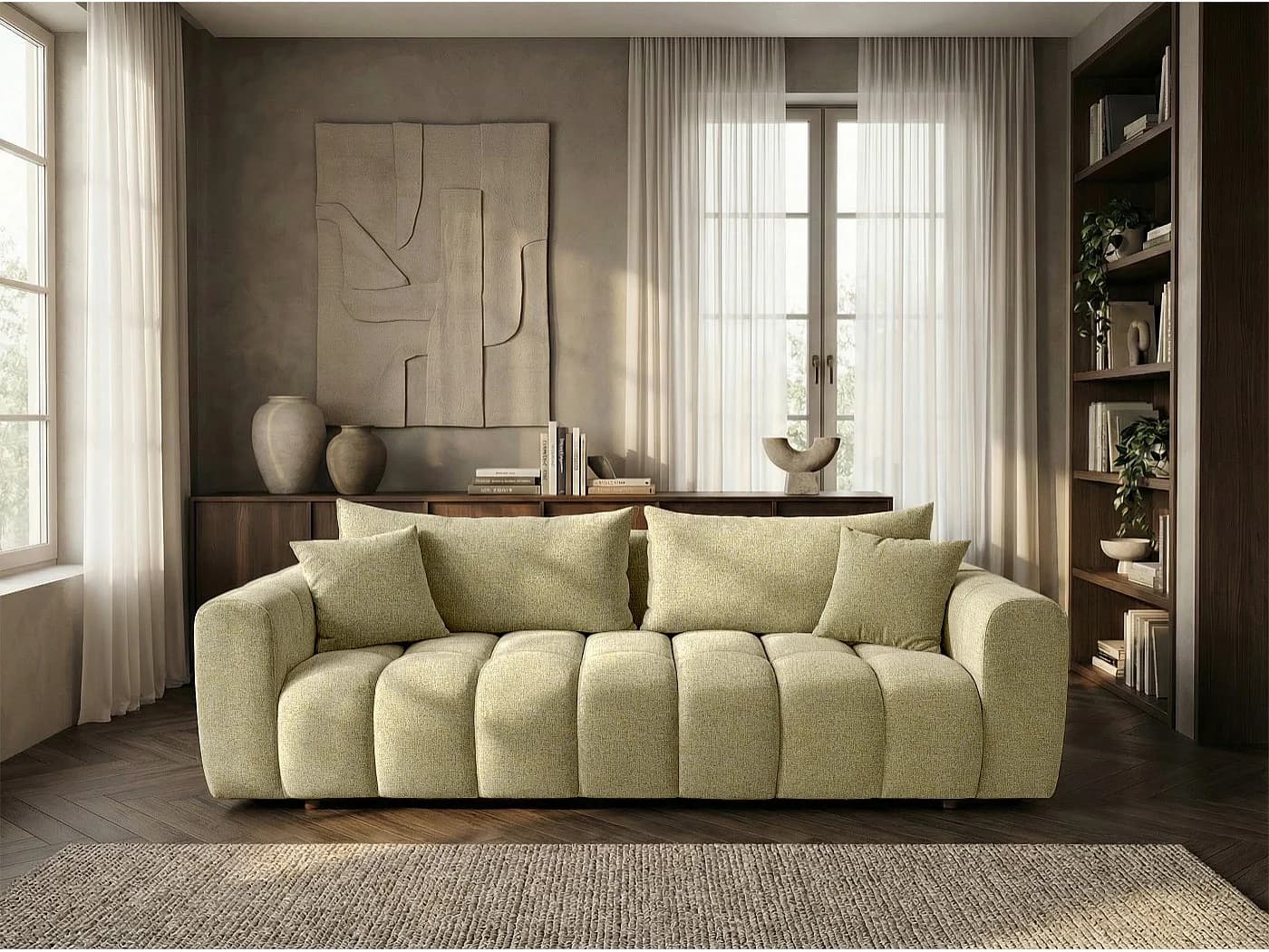 Canapé convertible en tissu bouclé jaune moutarde 240 cm - COSMO LUXURY