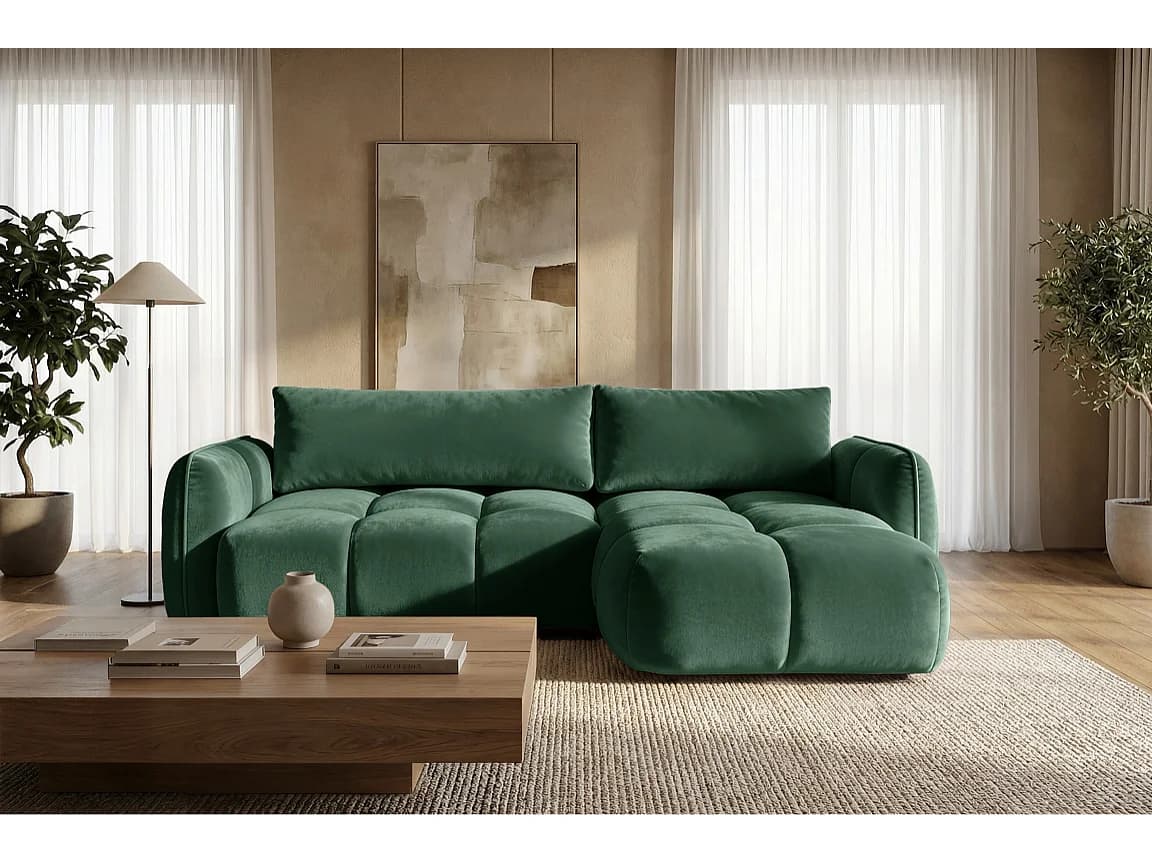 Canapé d'angle droit convertible avec coffre en velours vert 250 cm - BELVEO