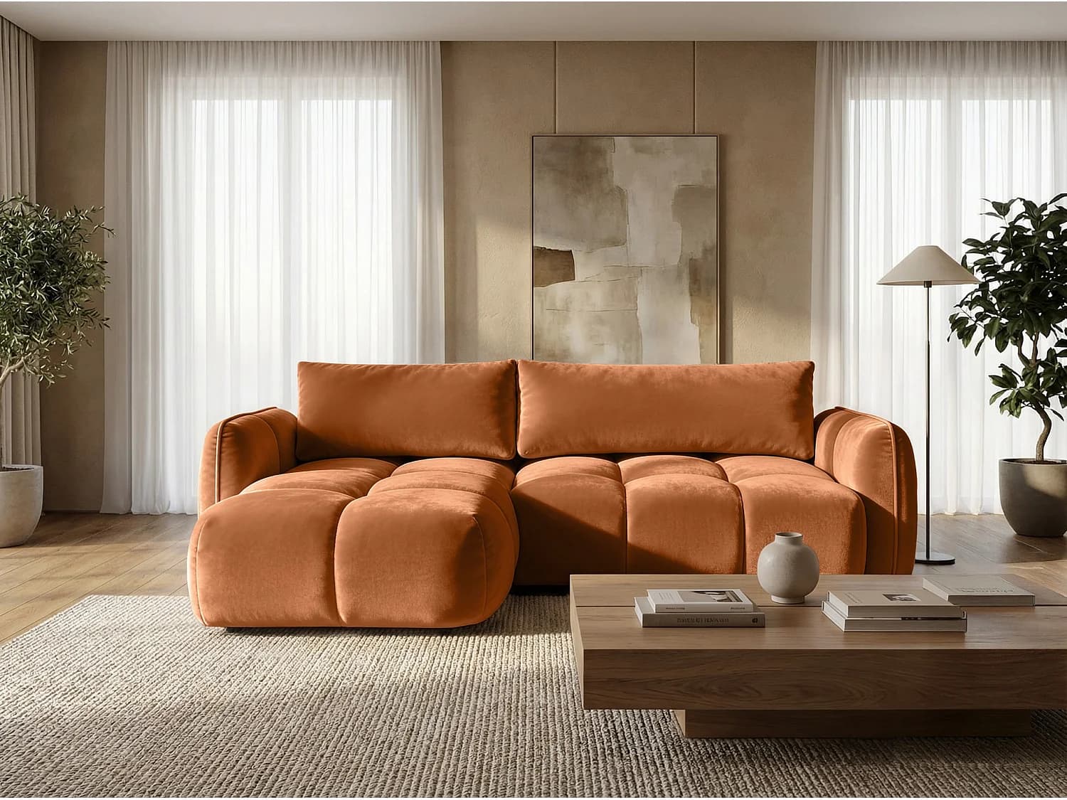Canapé d'angle gauche convertible avec coffre en velours terracotta 250 cm - BELVEO