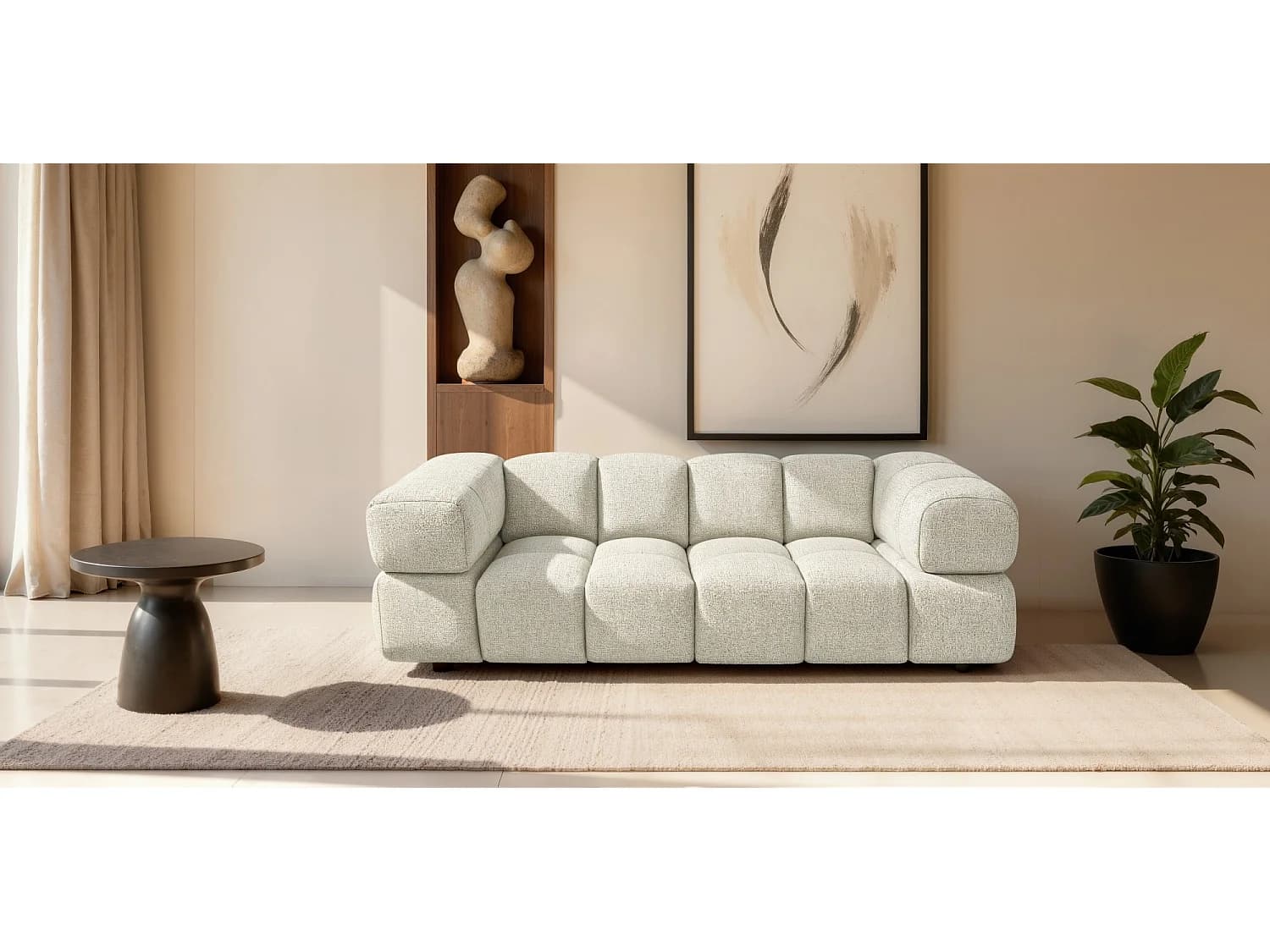 Canapé 3 places capitonné en tissu bouclé blanc cassé 240 cm - ALVERO 3S