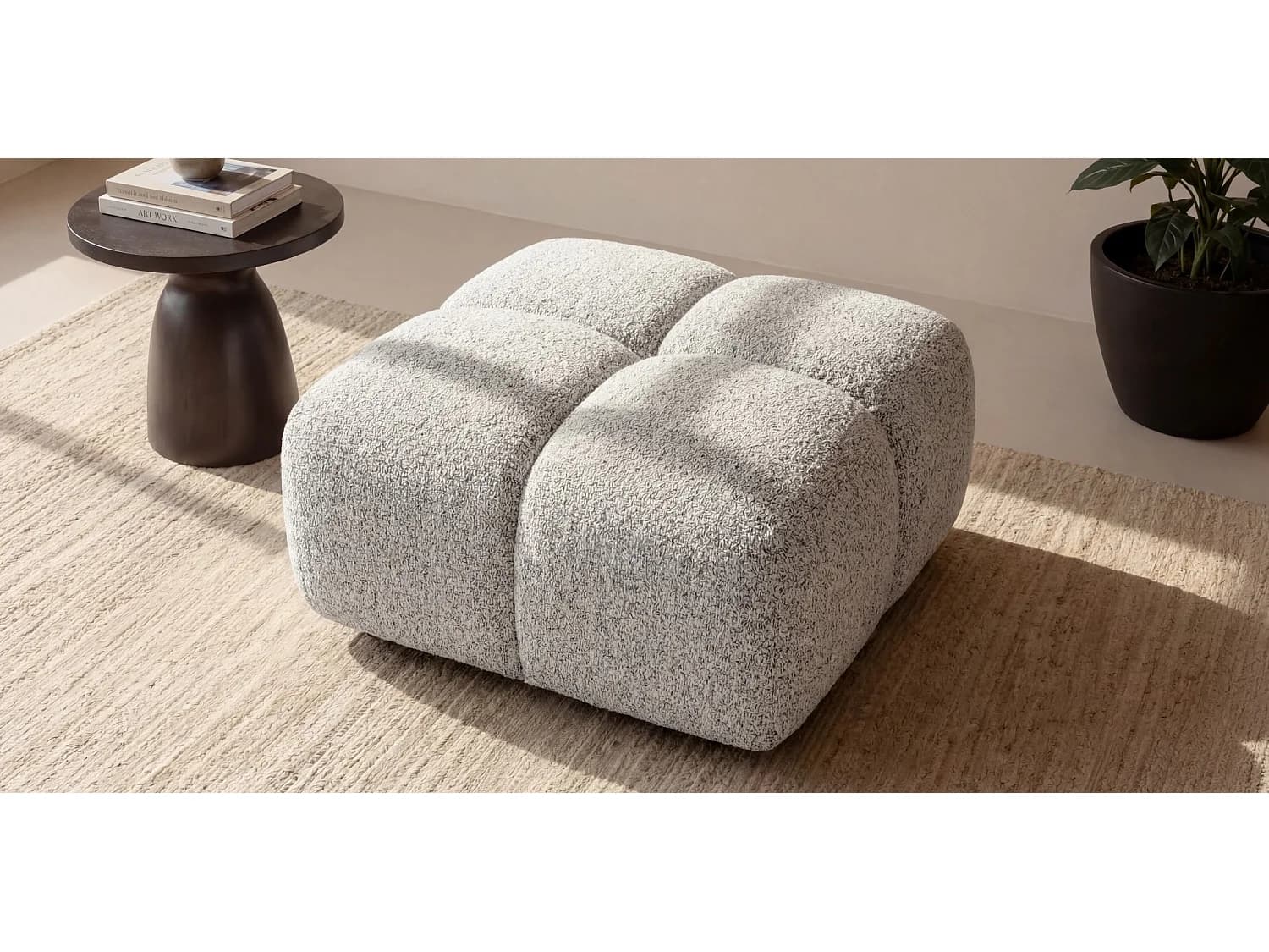 Pouf capitonné en tissu bouclé beige 88 cm - ALVERO