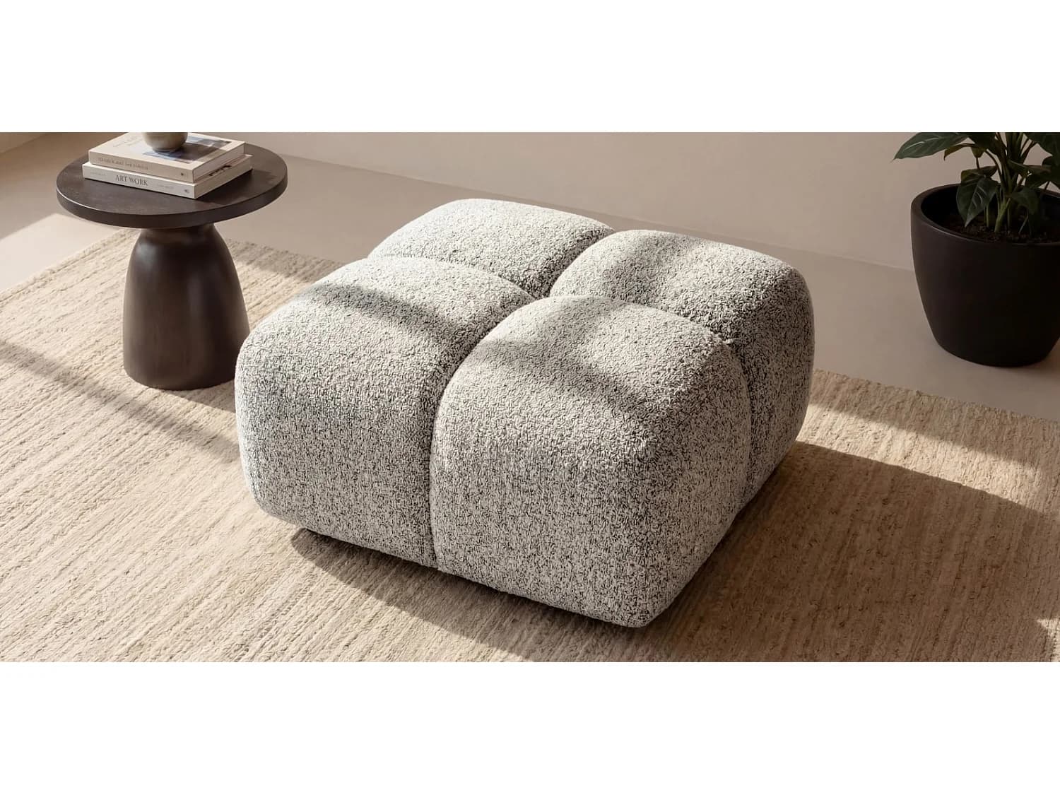 Pouf capitonné en tissu bouclé gris clair 88 cm - ALVERO