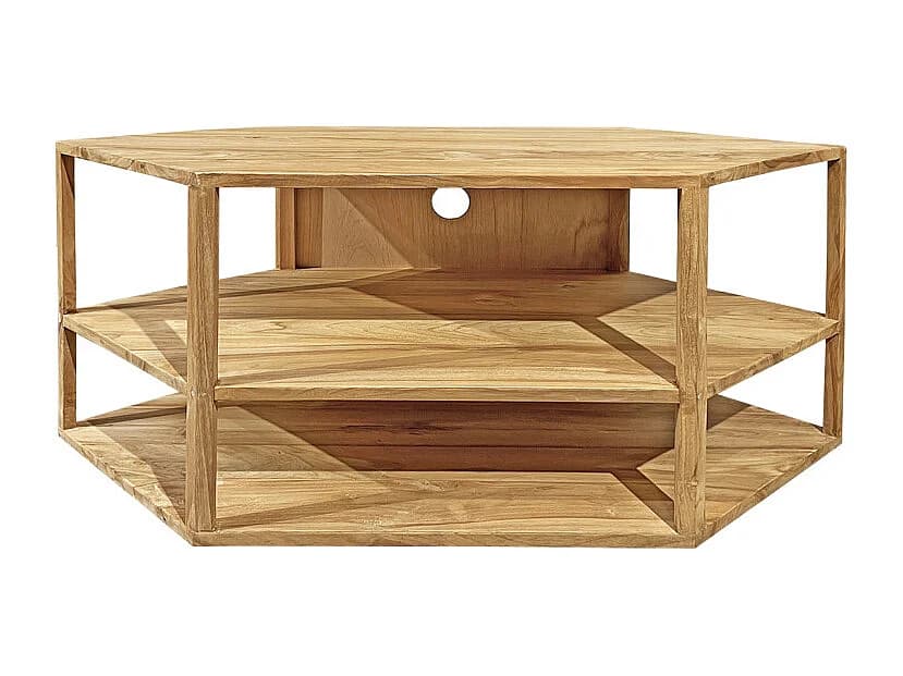 Meuble TV d'angle hexagonal 110 cm bois de teck massif - TETRA