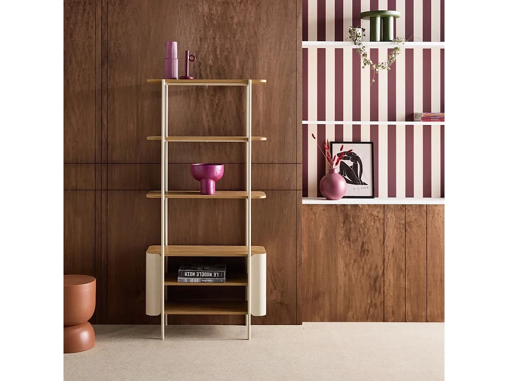 Etagère bibliothèque métal courbé et décor bois 6 niveaux beige - Molto