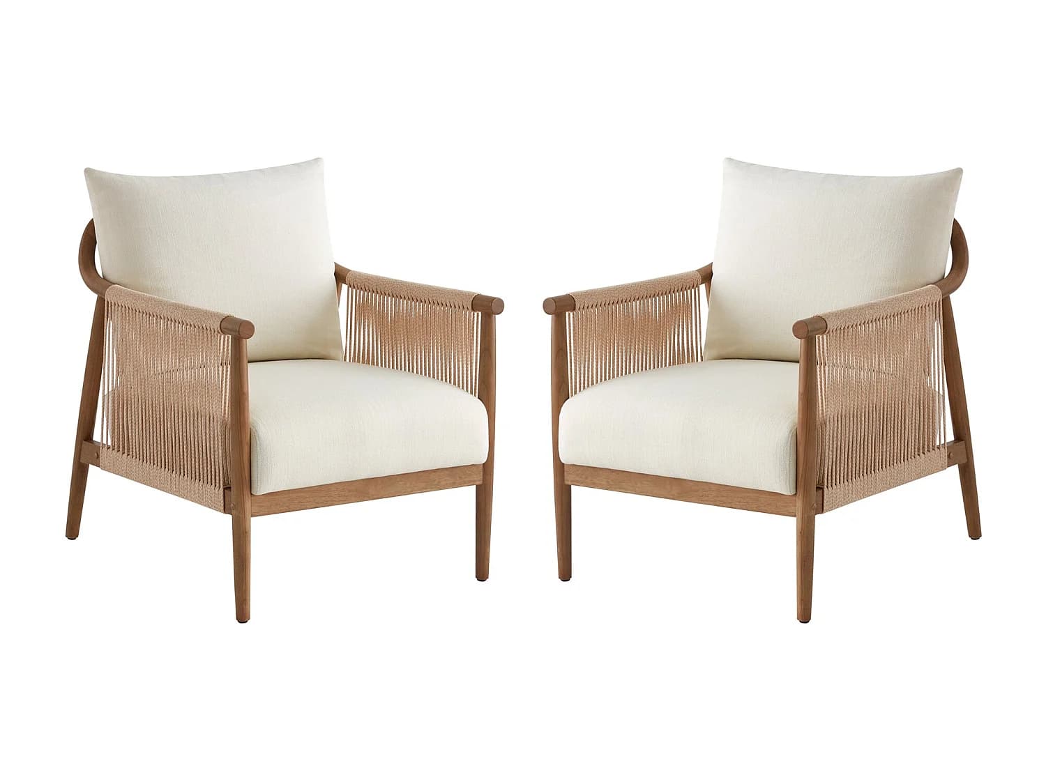 Lot de 2 Fauteuil, Style bohème, Accoudoirs en bois massif, Modèle moderne, Pour salon et chambre