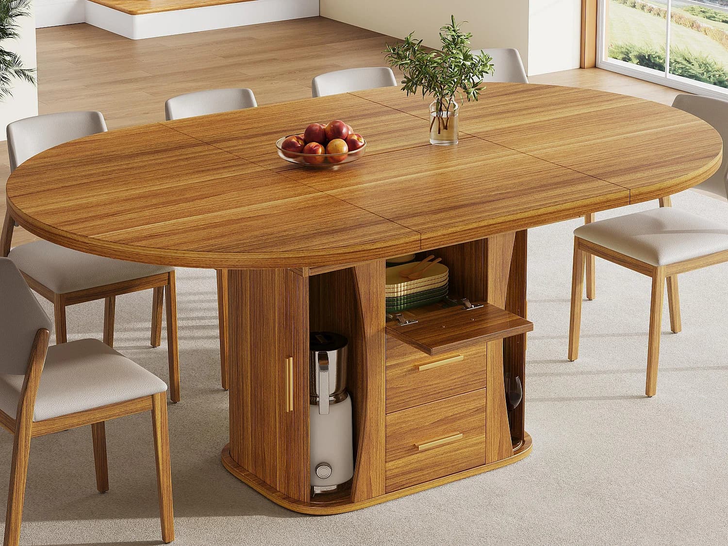 Table à manger extensible - MDF - Table ronde - 118-158 cm - 6 personnes - espace de stockage à 3 niveaux - Naturel