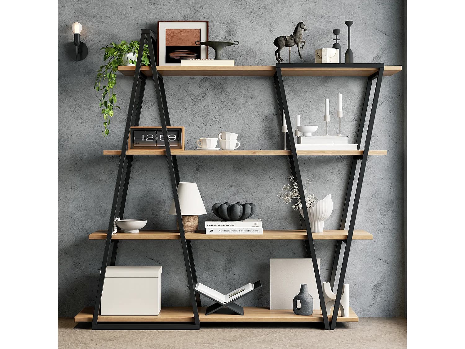 Étagère verticale géométrique 158x35x166 cm - Structure en fer - Plateau en MDF de 25 mm - Design triangulaire - Noir et naturel
