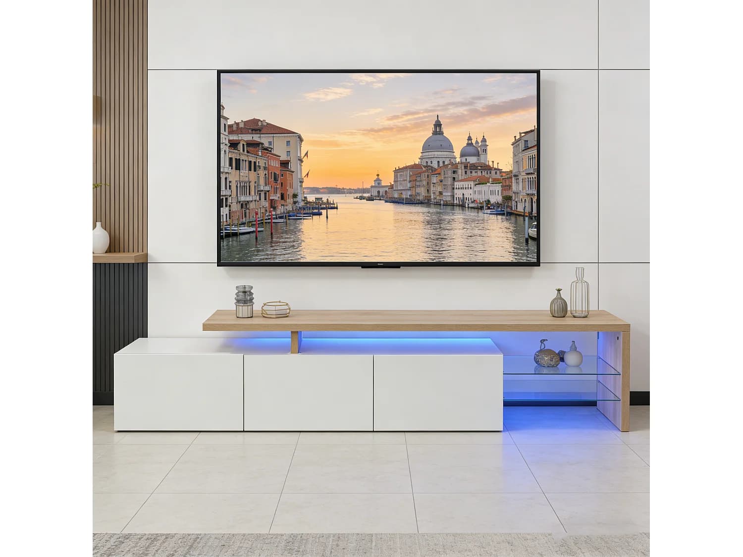 Meuble TV Moderne avec lumières LED Variables, 3 Portes et étagères en Verre – Buffet élégant pour Salon