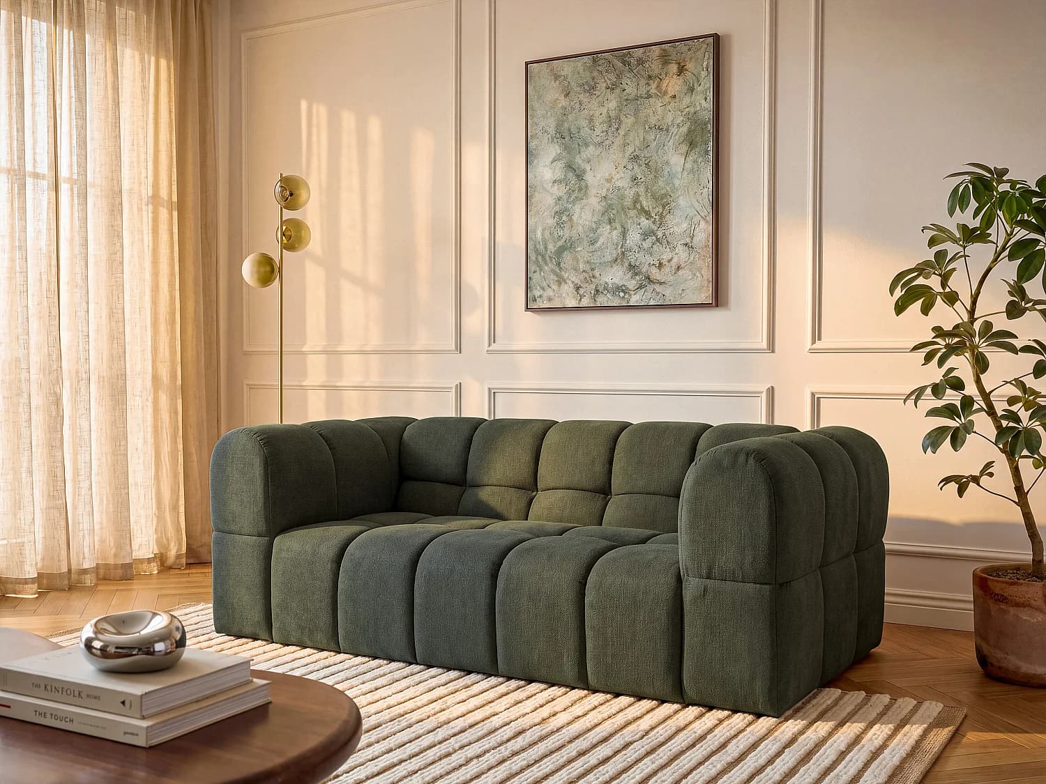Canapé 2 places en tissu texturé vert kaki RIMALO