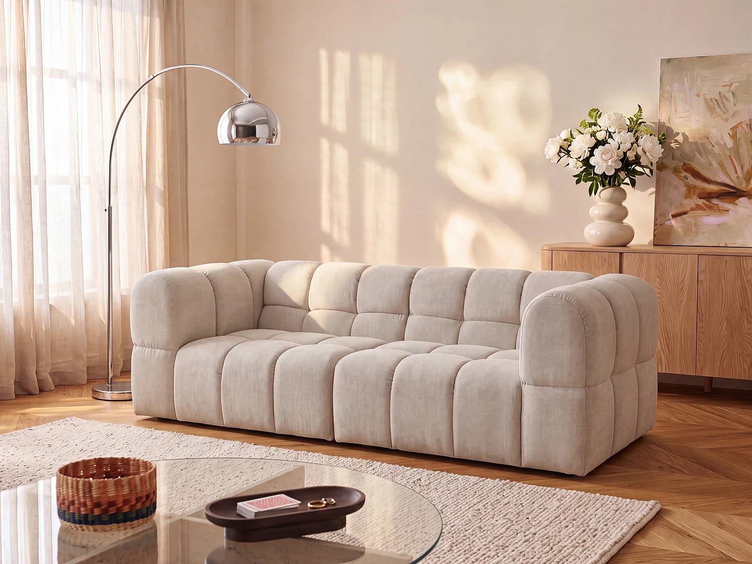 Canapé 3 places en tissu texturé beige RIMALO