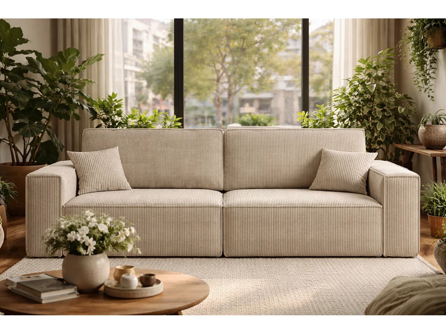 Canapé avec 2 grands coffres de rangement, couleur beige, idéal pour le salon, qualité fabricant direct CARLOS – VINOTTI