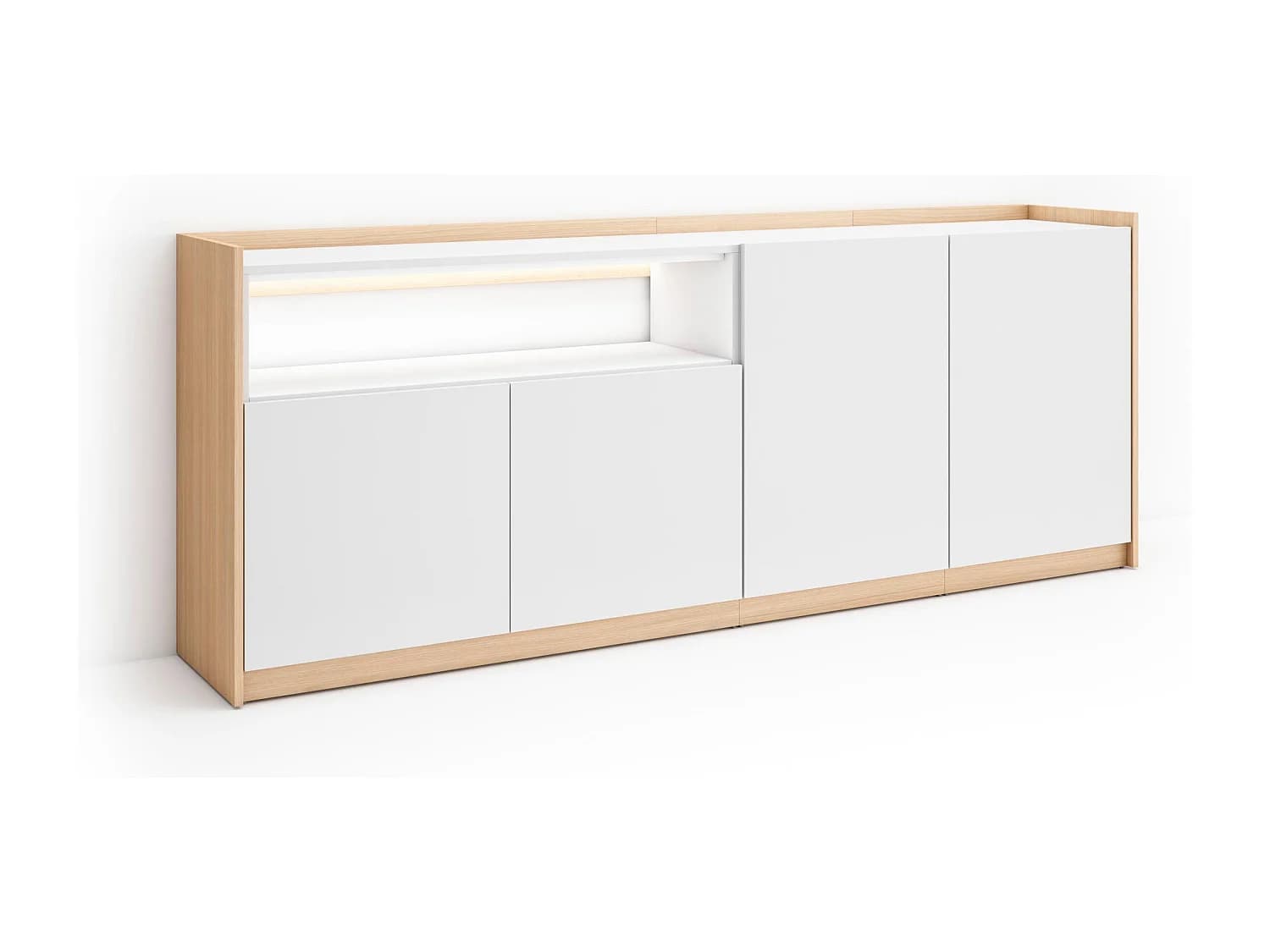 Buffet salon et cuisine, 207x80x37 cm, 4 Portes, LED, Blanc et Chêne Soft