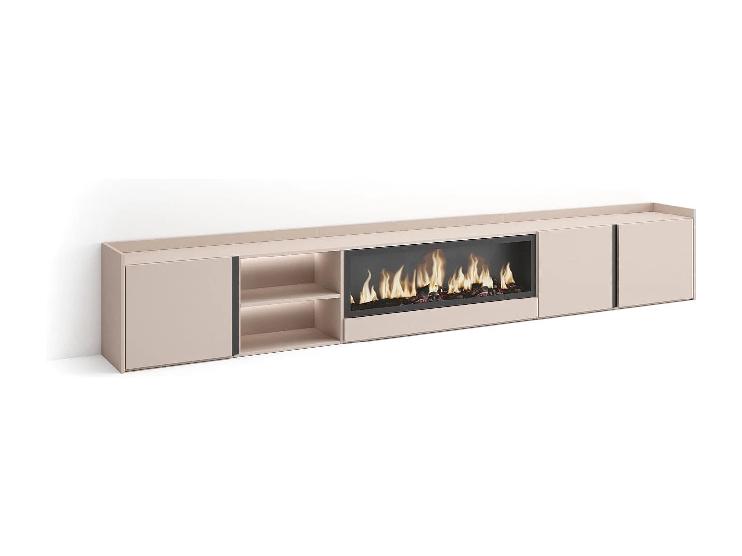 Meuble TV, Banc Télé, 315x50x35 cm, Pour les TV jusqu'à 80", Cheminée électrique XXL, LED, Beige