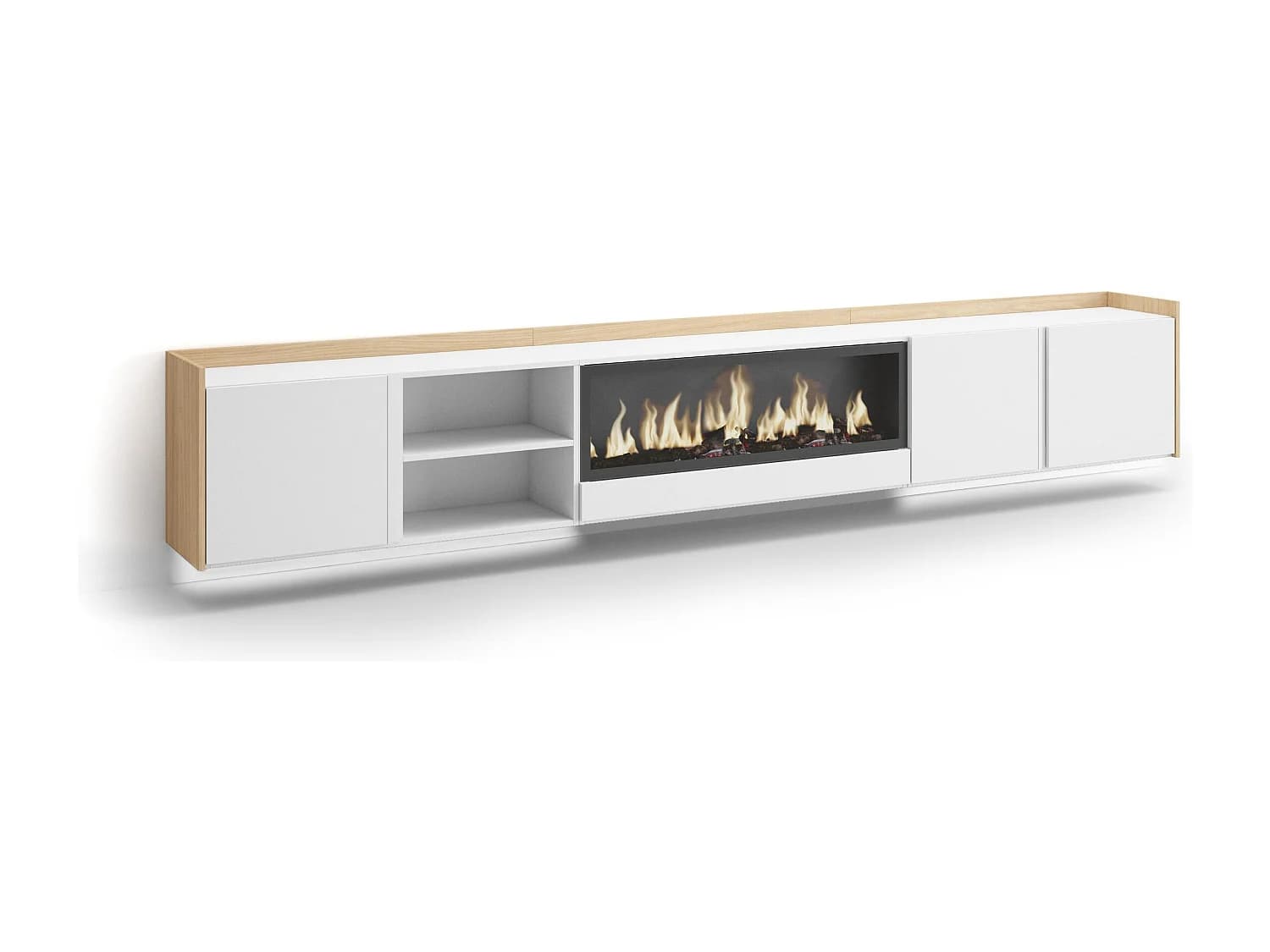 Meuble TV, Banc Télé, 315x50x35 cm, Pour les TV jusqu'à 80", Cheminée électrique XXL, Suspendu, Mural, LED, Blanc et Chêne Soft
